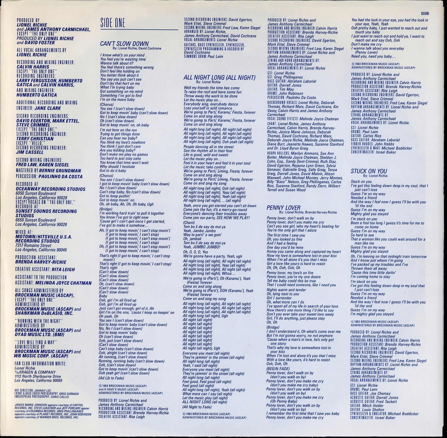 Lionel Richie - Can't Slow Down Vinyl LP Kopie