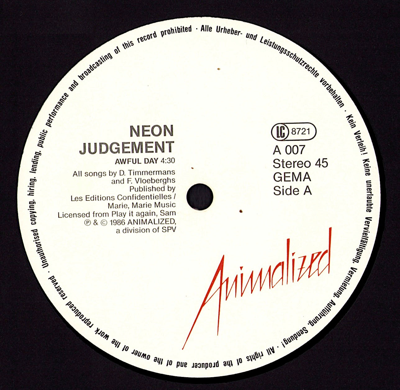 The Neon Judgement – Awful Day · TV Treated New Version · The Man Remix Vinyl 12"