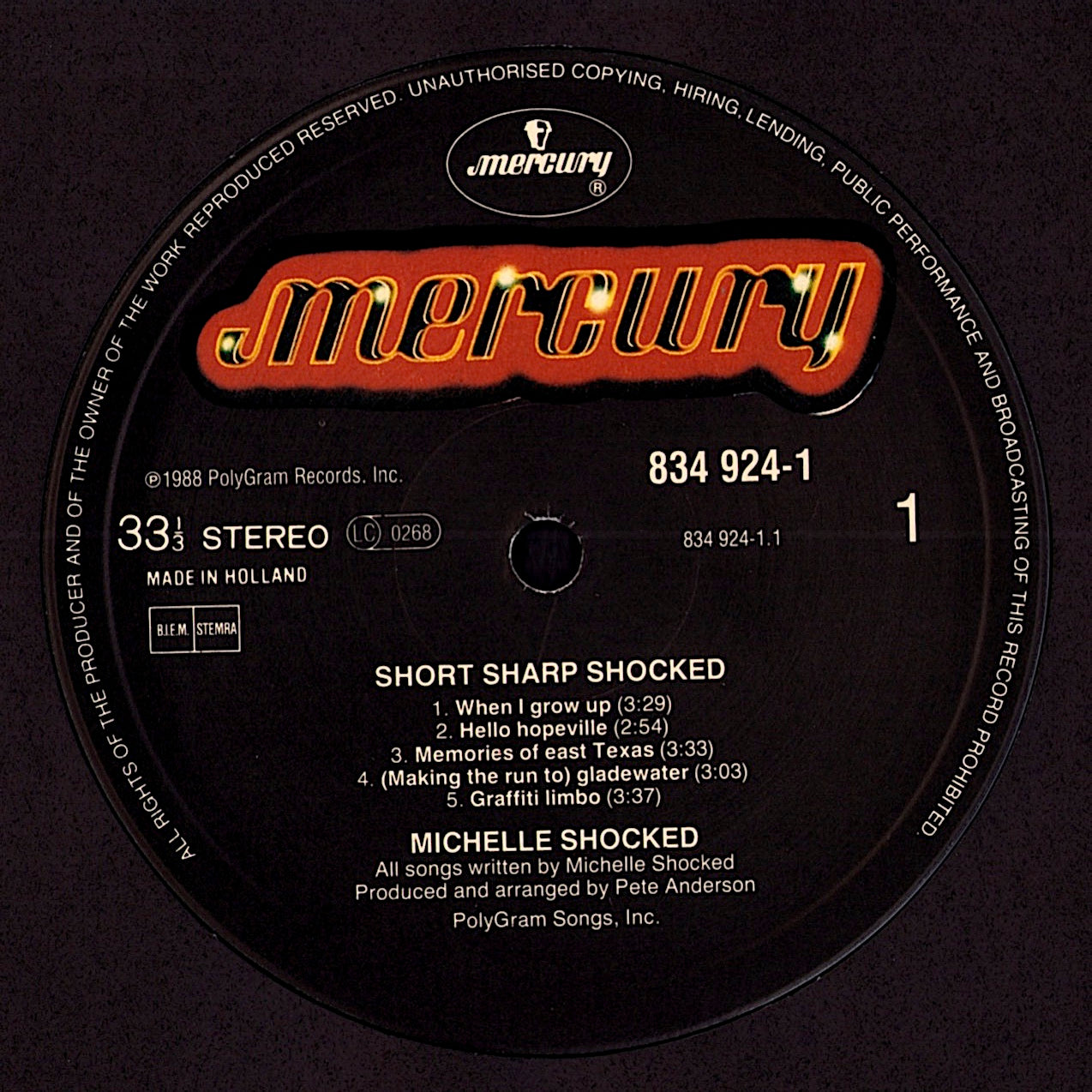 Michelle Shocked – Short Sharp Shocked Vinyl LP | EU Original | 1988