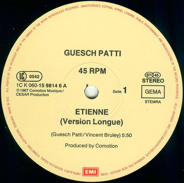 Guesch Patti ‎– Etienne Vinyl 12"