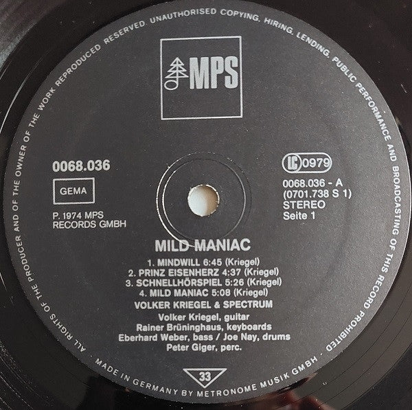 Volker Kriege & Spectrum - Mild Maniac Vinyl LP