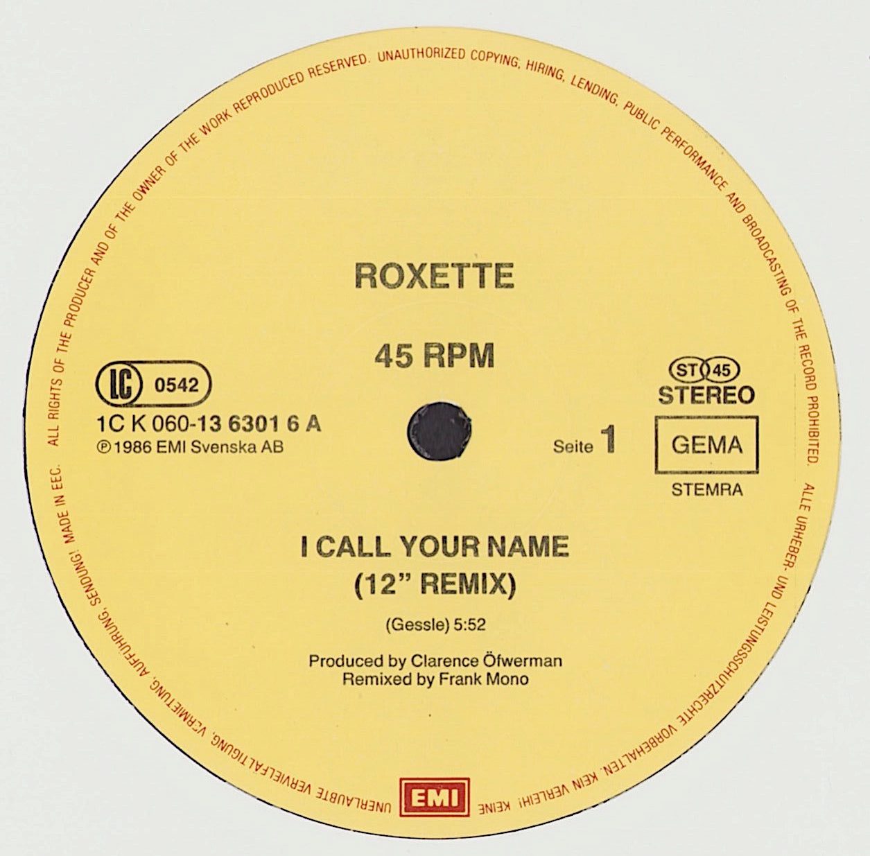 Roxette ‎- I Call Your Name Vinyl 12"