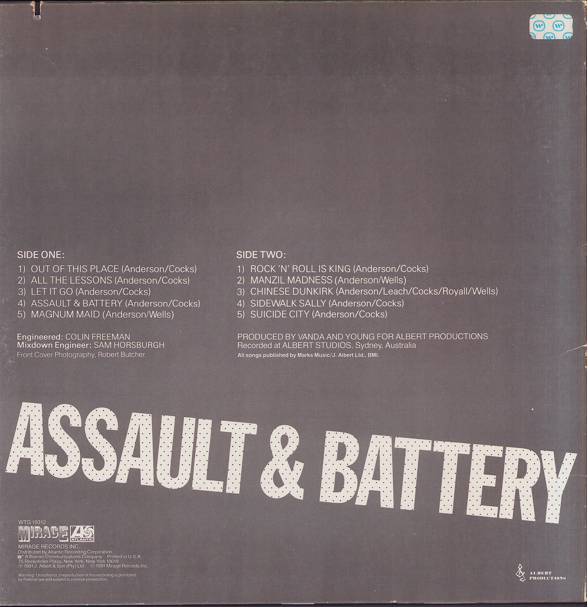 Rose Tattoo - Assault & Battery Vinyl LP US