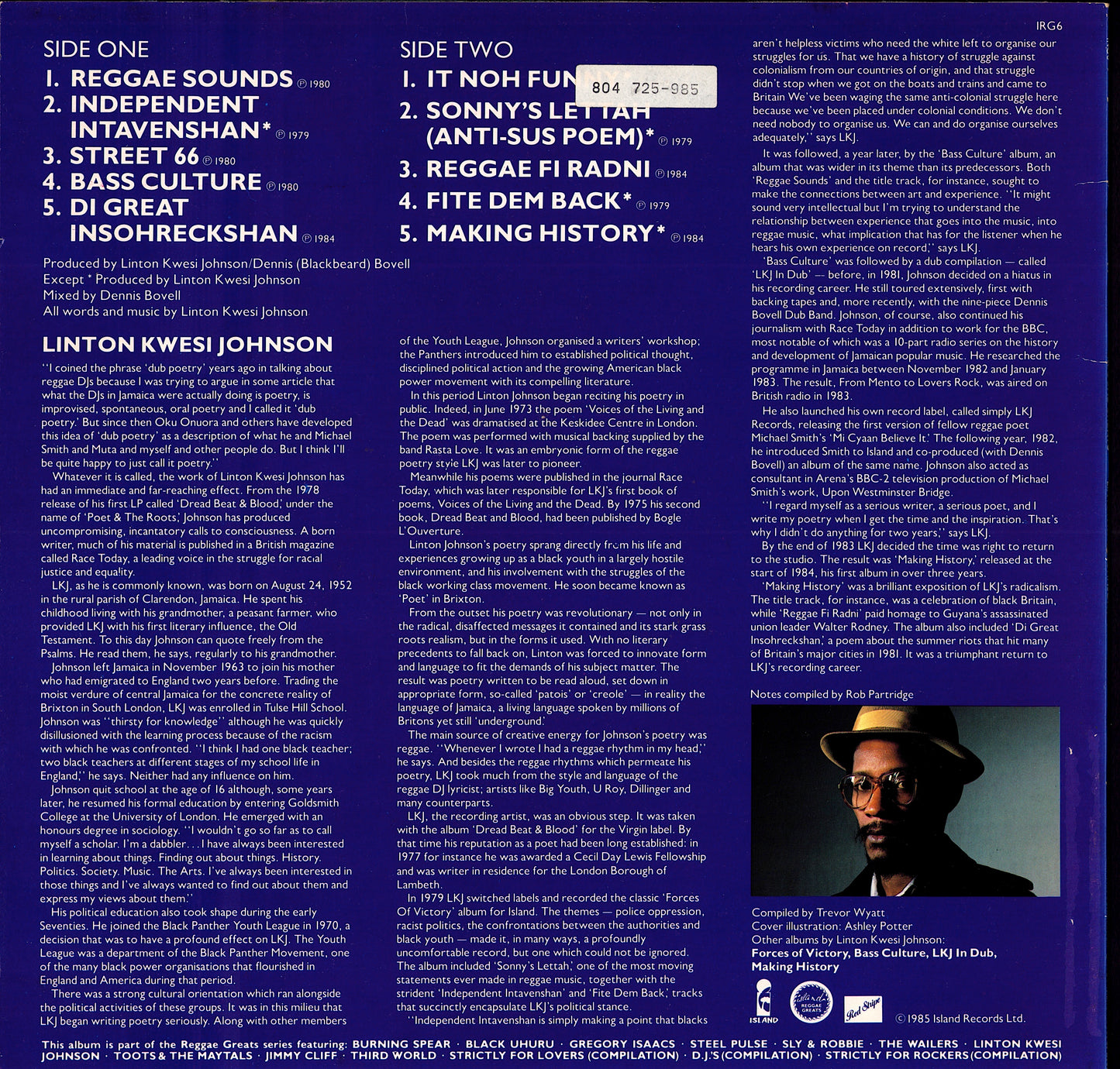 Linton Kwesi Johnson - Reggae Greats (Vinyl LP | UK Original | 1985)