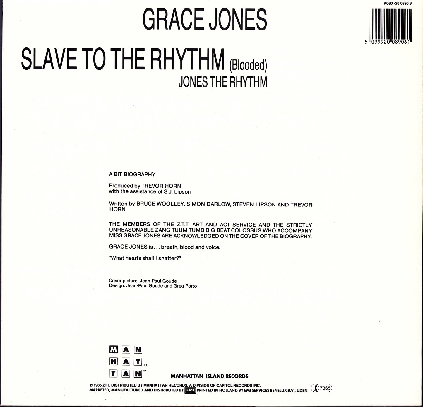 Grace Jones ‎- Slave To The Rhythm Vinyl 12"