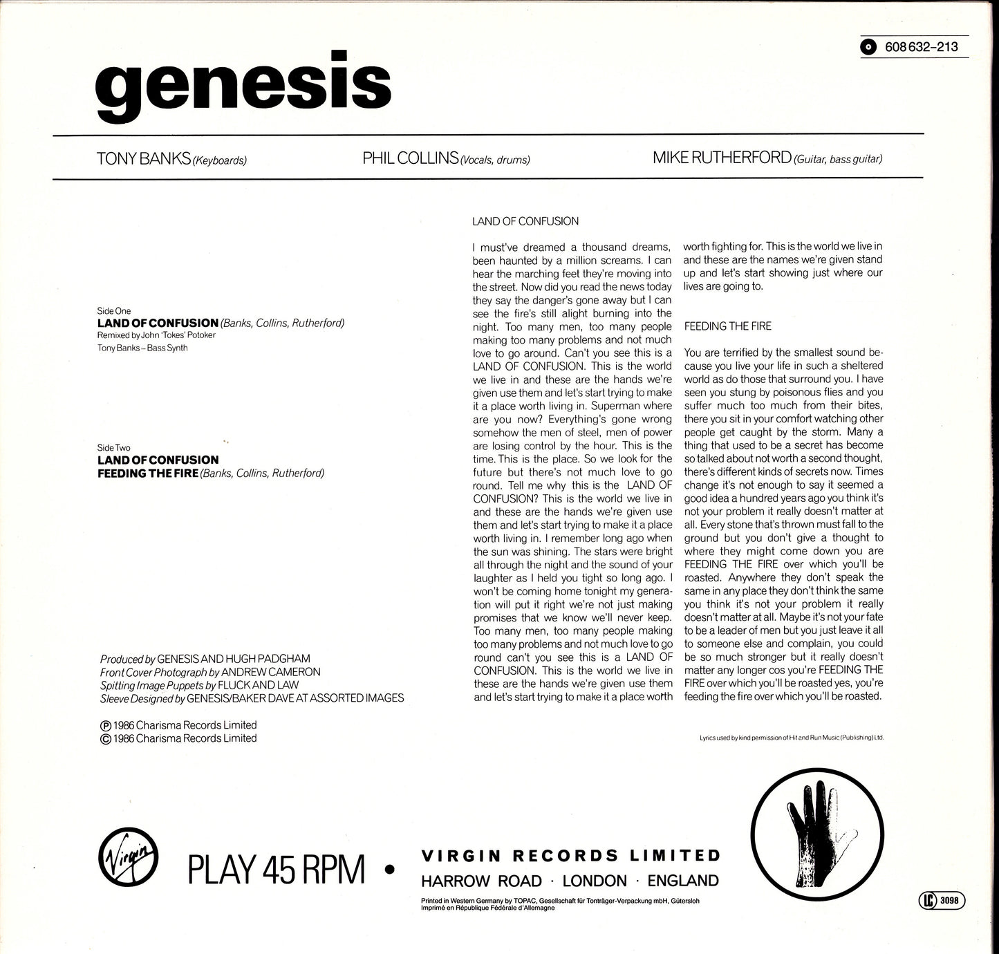 Genesis - Tonight, Tonight, Tonight Vinyl 12" | EU Original | 1987 Kopie