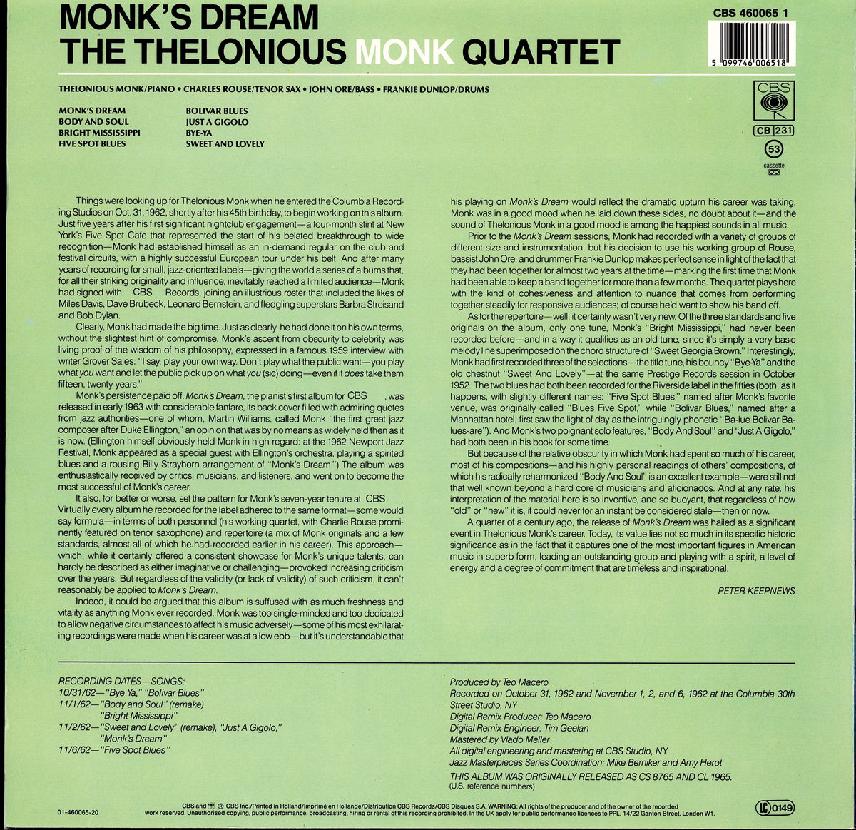 The Thelonious Monk Quartet - Monk's Dream (Vinyl LP | EU Reissue | 1987 | Remastered)