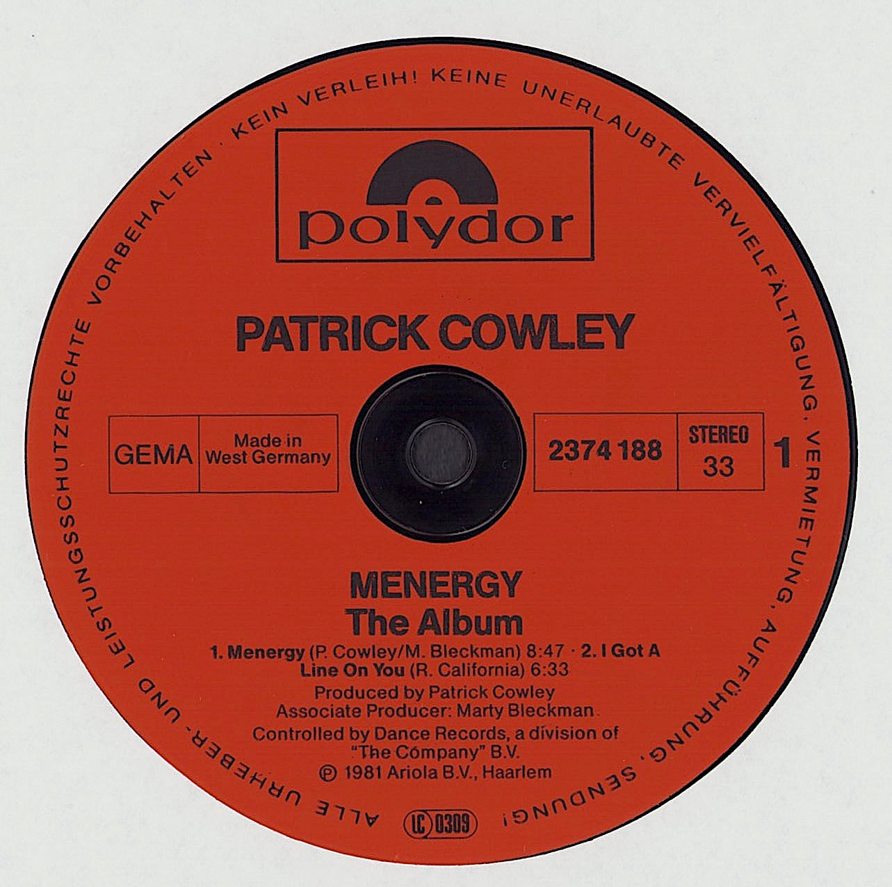 Patrick Cowley - Menergy Vinyl LP