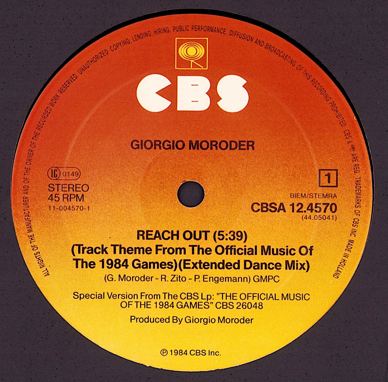 Giorgio Moroder Featuring Paul Engemann – Reach Out Vinyl 12"