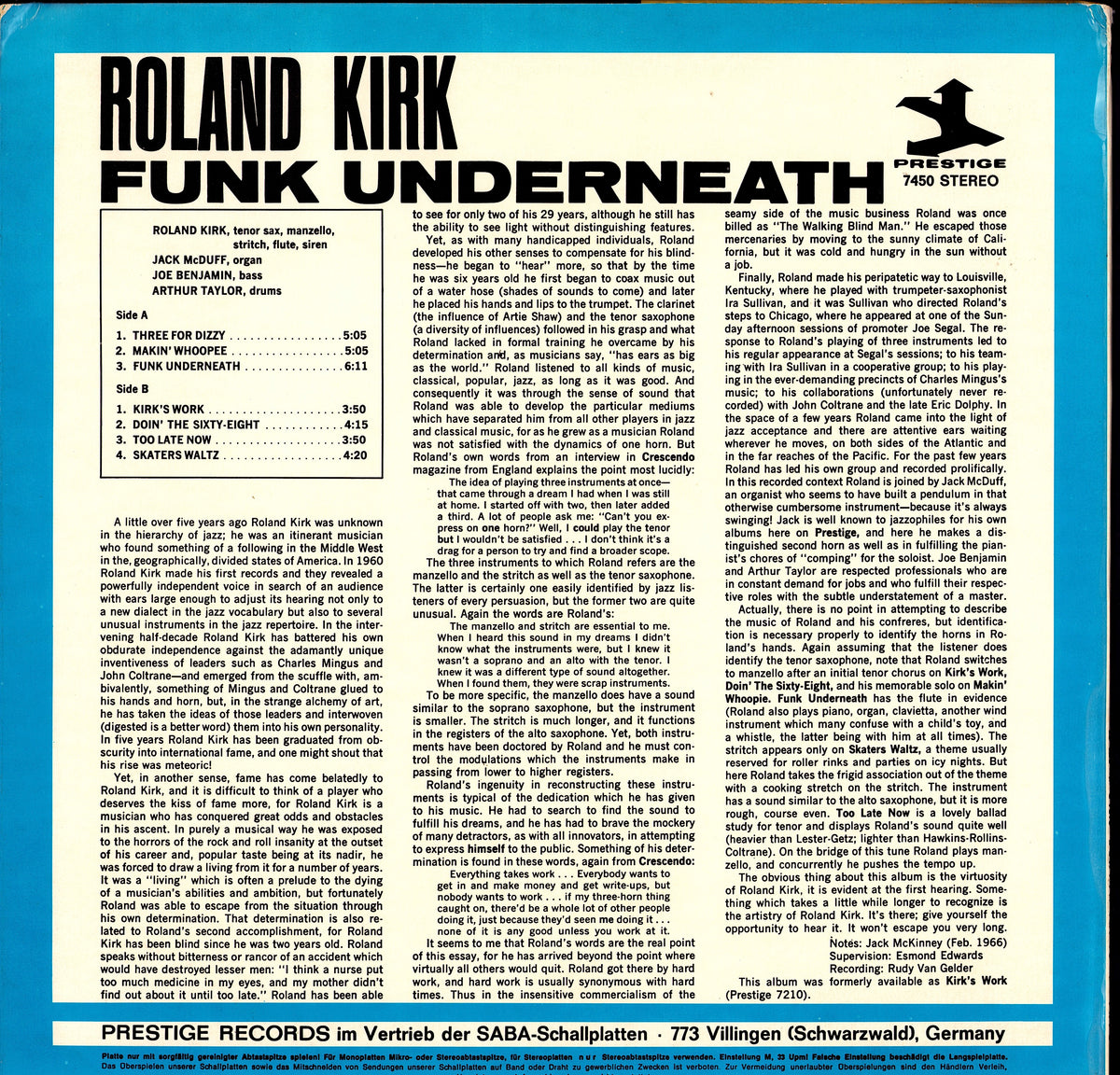 Roland Kirk With Jack McDuff – Funk Underneath Vinyl LP | DE Reissue | Prestige Kopie