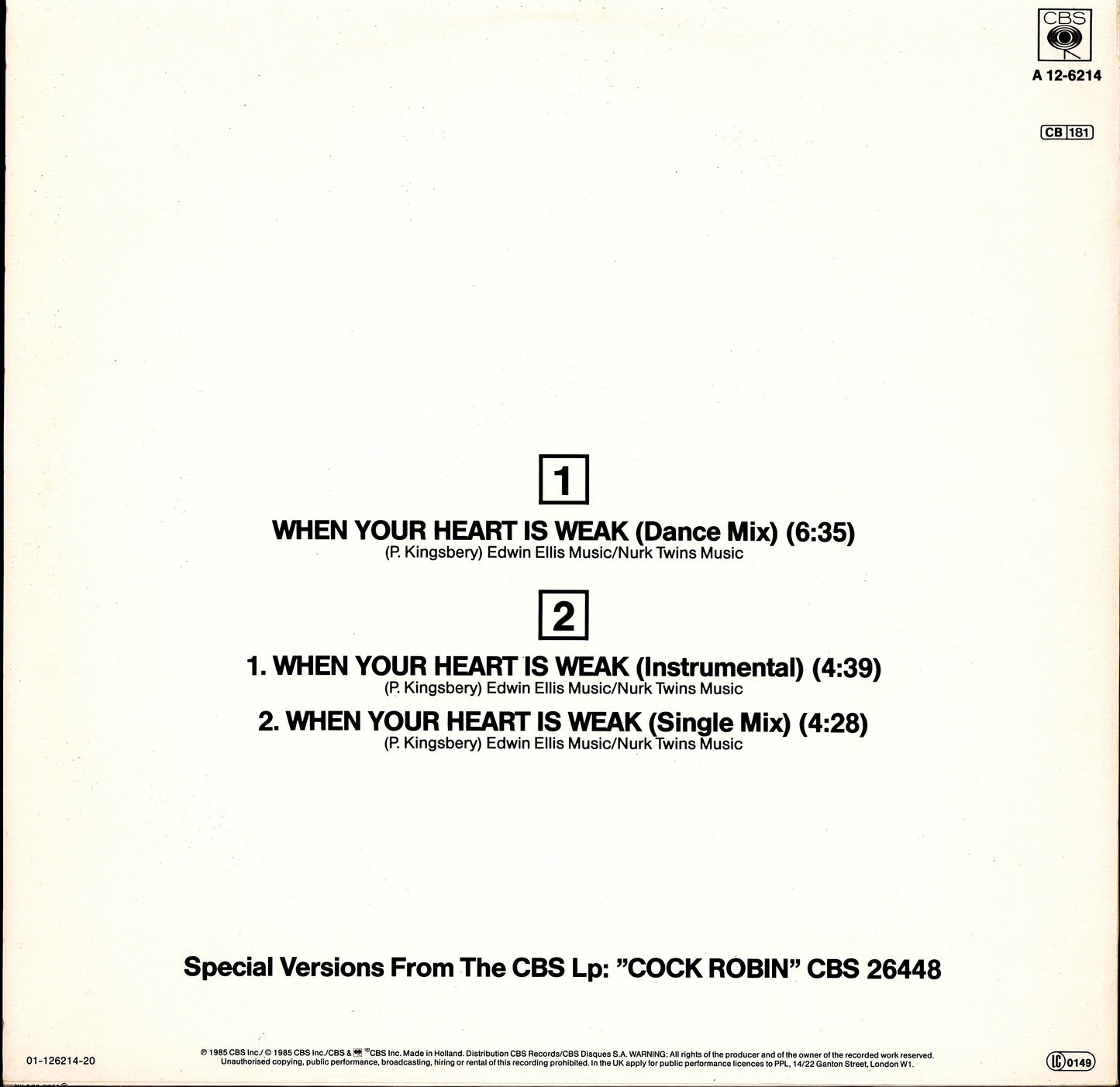 Cock Robin - Thought You Were On My Side Extended Re-mix Vinyl 12" Maxi-Single Kopie