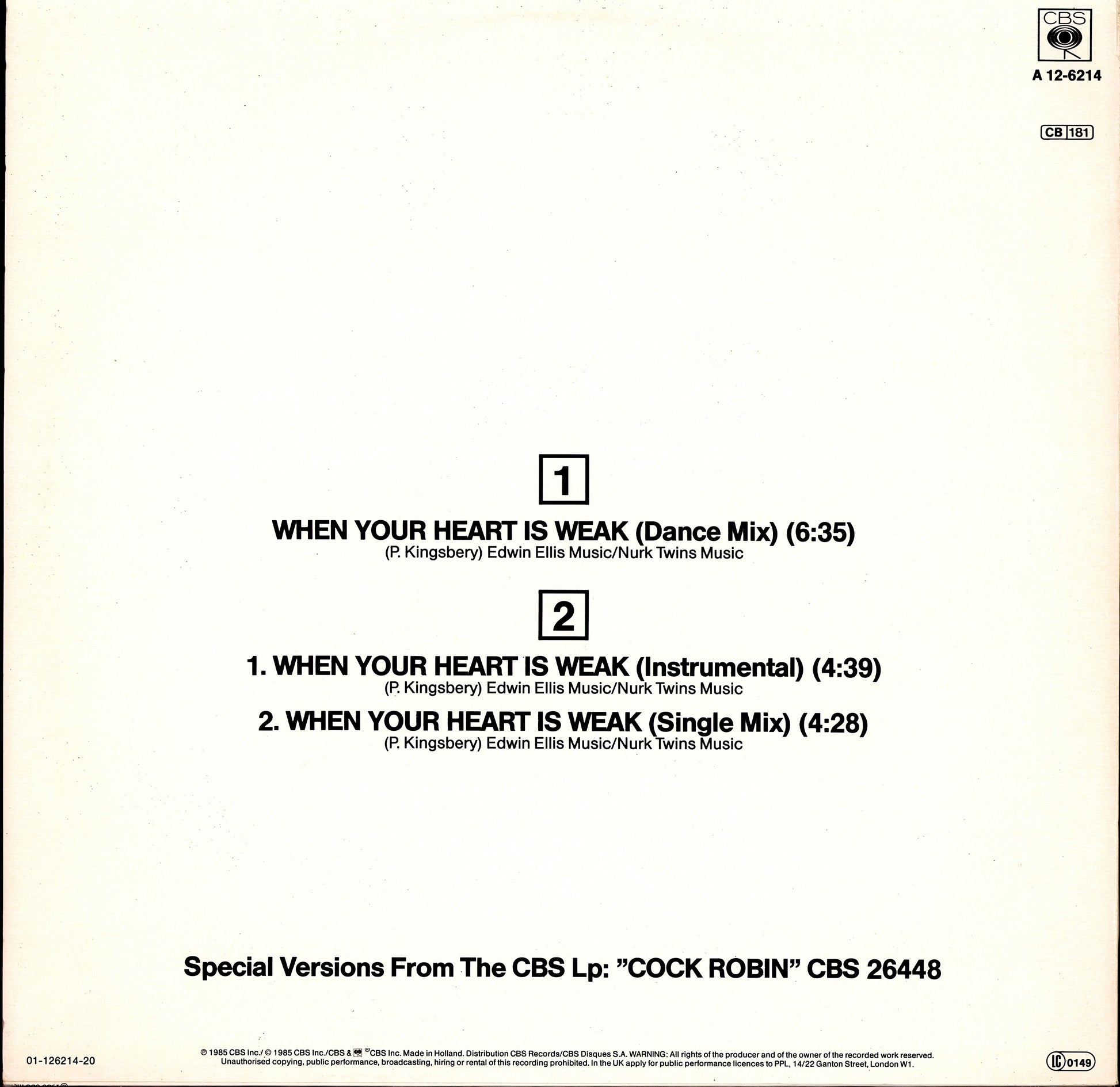 Cock Robin - Thought You Were On My Side Extended Re-mix Vinyl 12" Maxi-Single Kopie