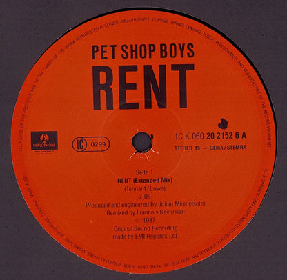 Pet Shop Boys ‎- Rent Vinyl 12"