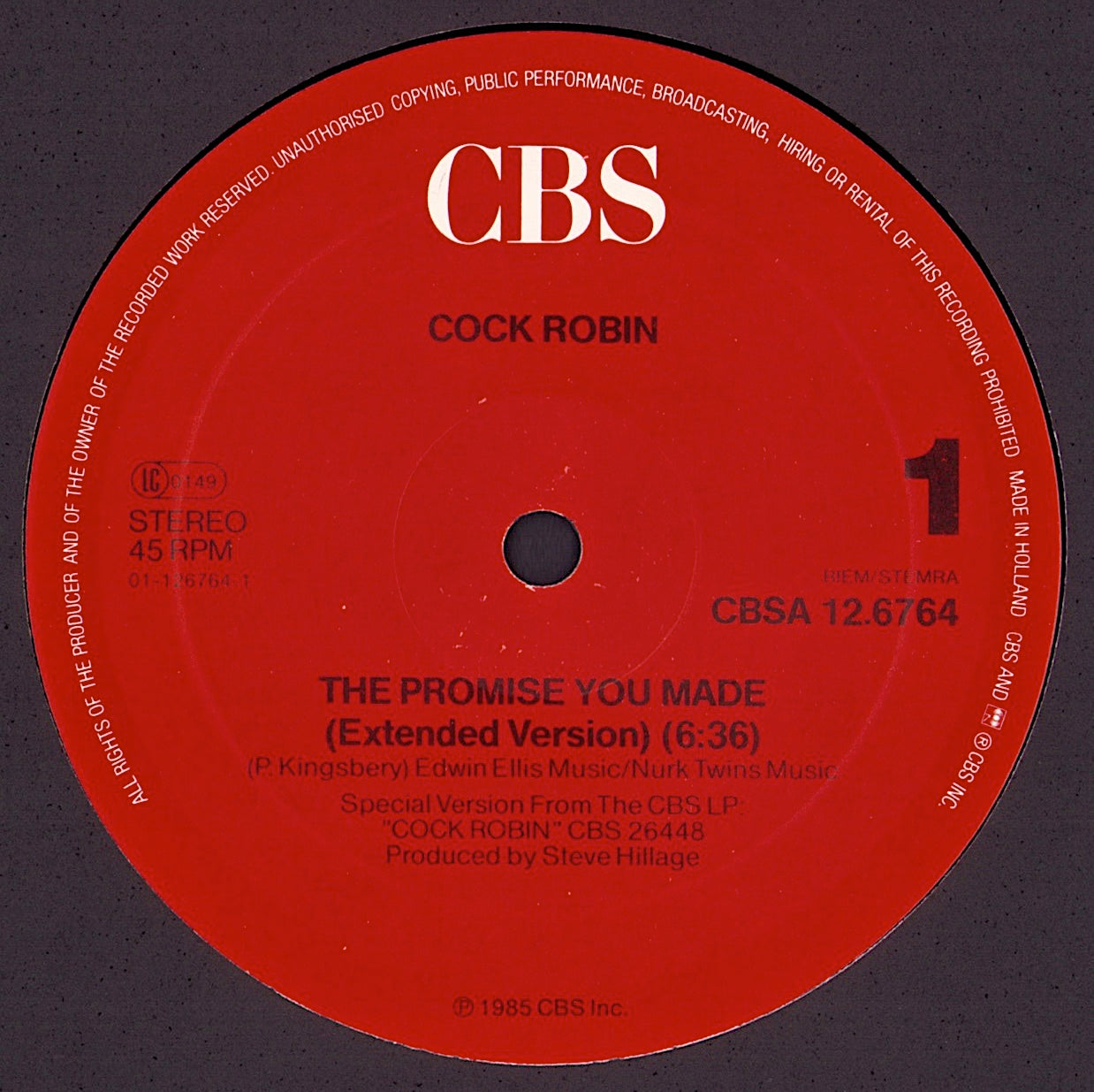 Cock Robin – The Promise You Made Extended Version Vinyl 12"