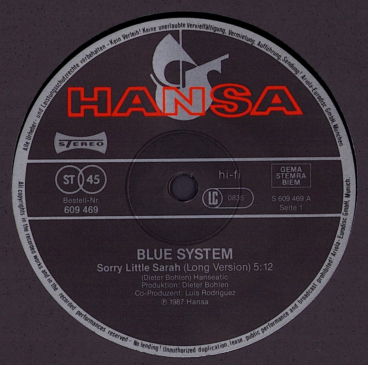 Blue System - Sorry Little Sarah Long Version Vinyl 12"