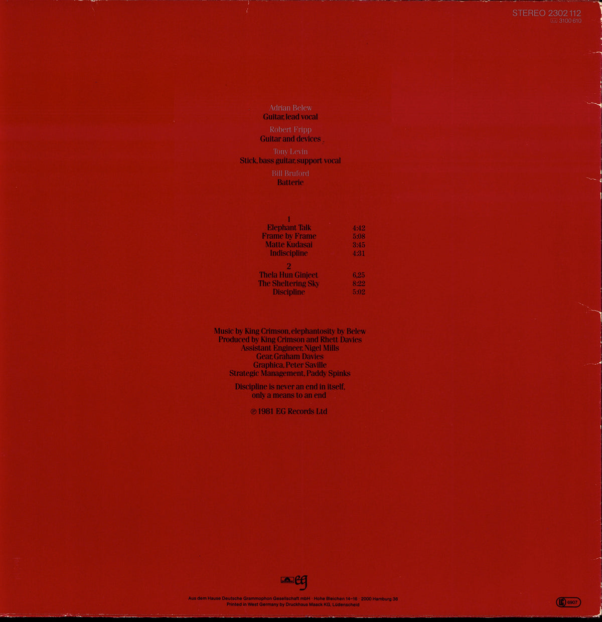 King Crimson – Discipline Vinyl LP | DE Original | 1981