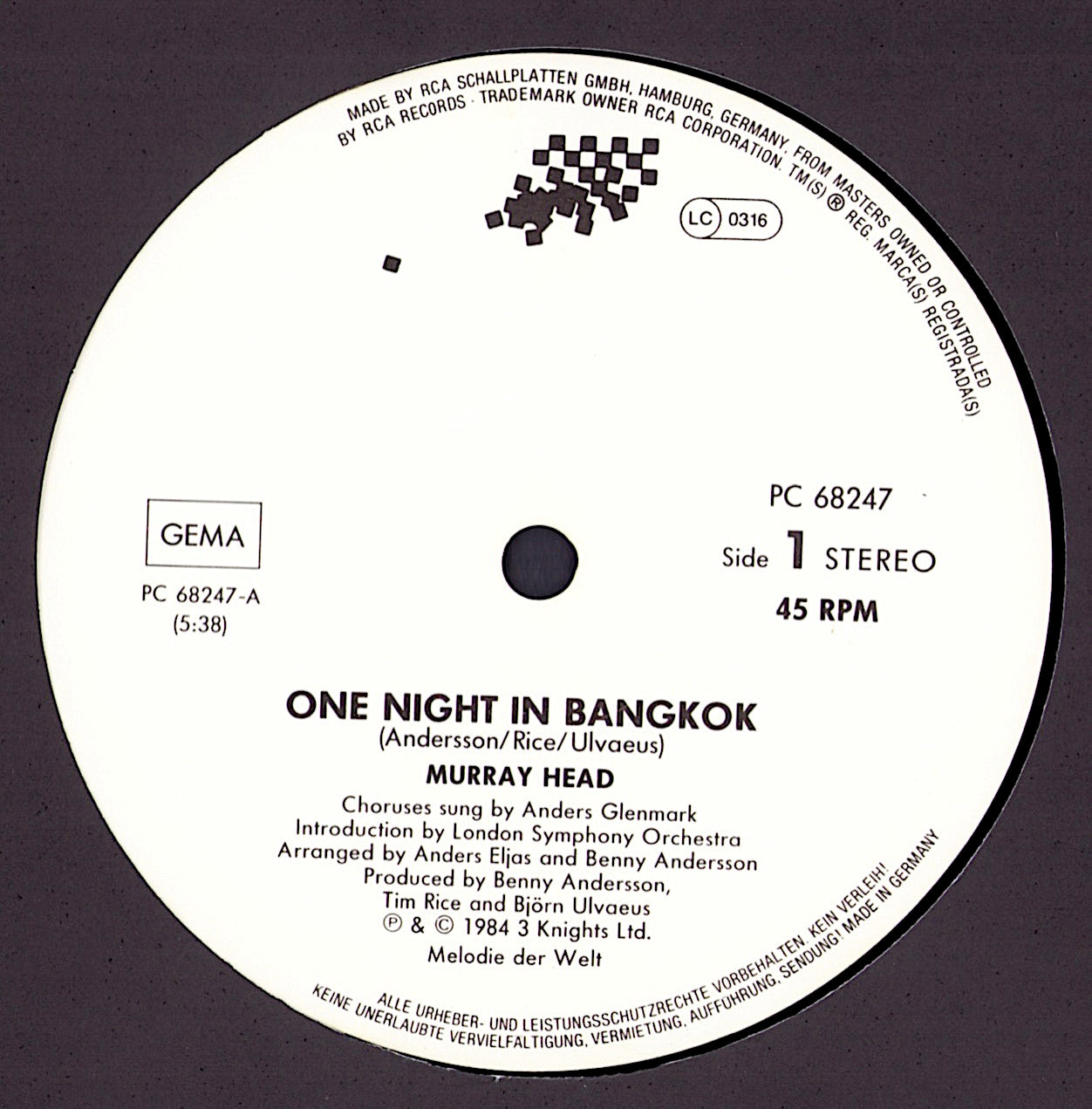 Murray Head – One Night In Bangkok Vinyl 12"