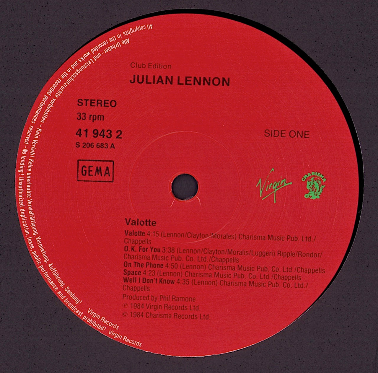 Julian Lennon – Valotte Vinyl LP