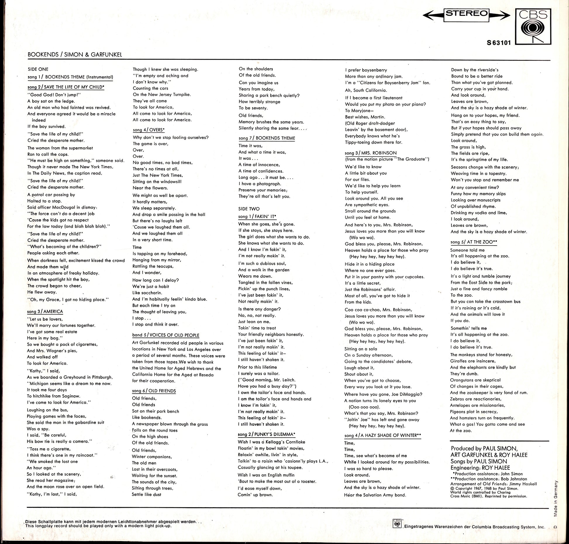 Simon And Garfunkel - Bookends Vinyl LP Kopie