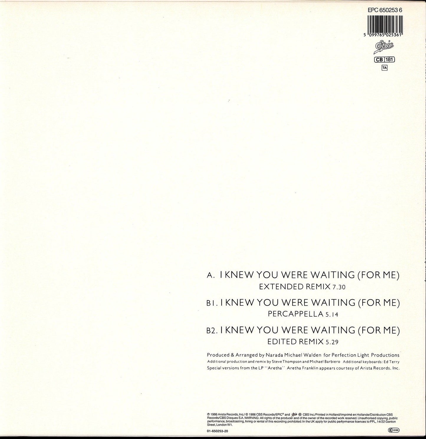 Aretha Franklin & George Michael – I Knew You Were Waiting For Me Vinyl 12" Maxi | EU Original | 1987
