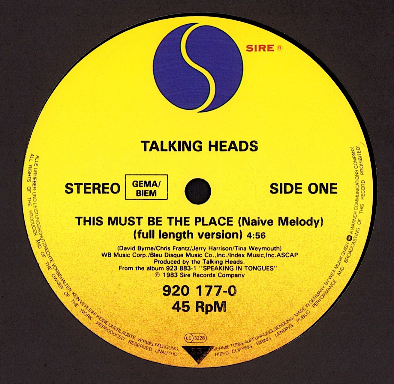 Talking Heads – This Must Be The Place Naive Melody -Full Length Version Vinyl 12"