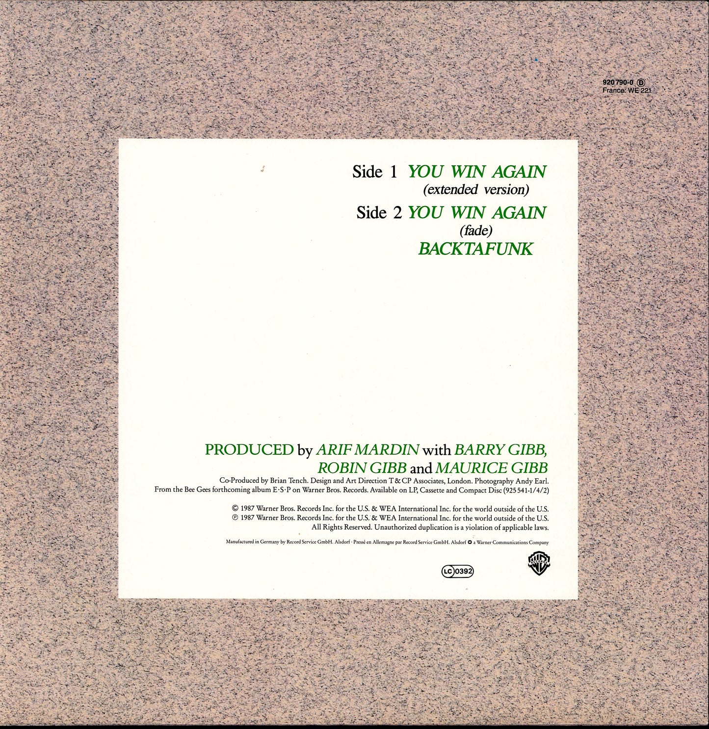 Bee Gees ‎- You Win Again Vinyl 12" Maxi-Single