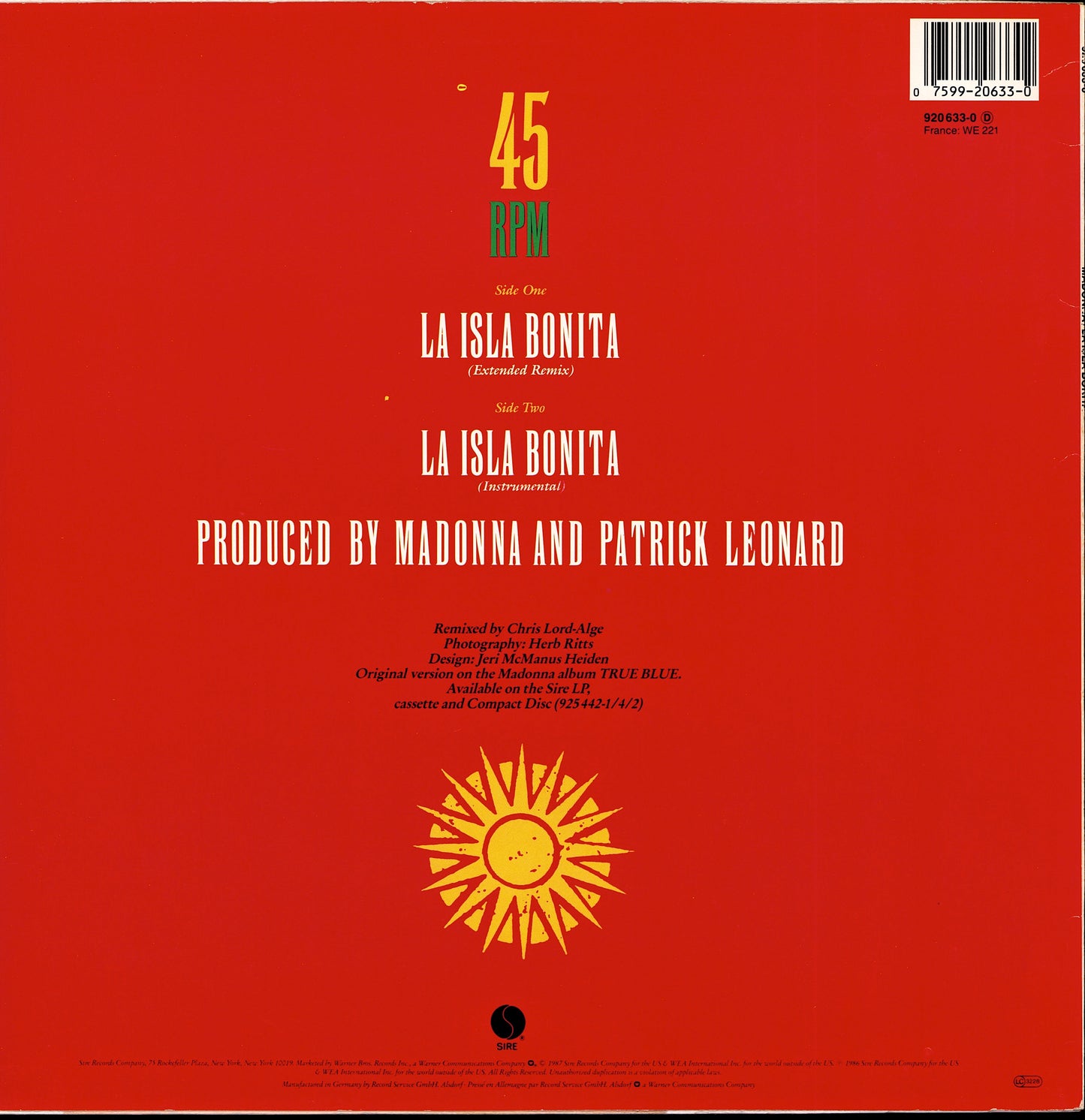 Madonna ‎- La Isla Bonita Extended Remix Vinyl 12" Maxi-Single