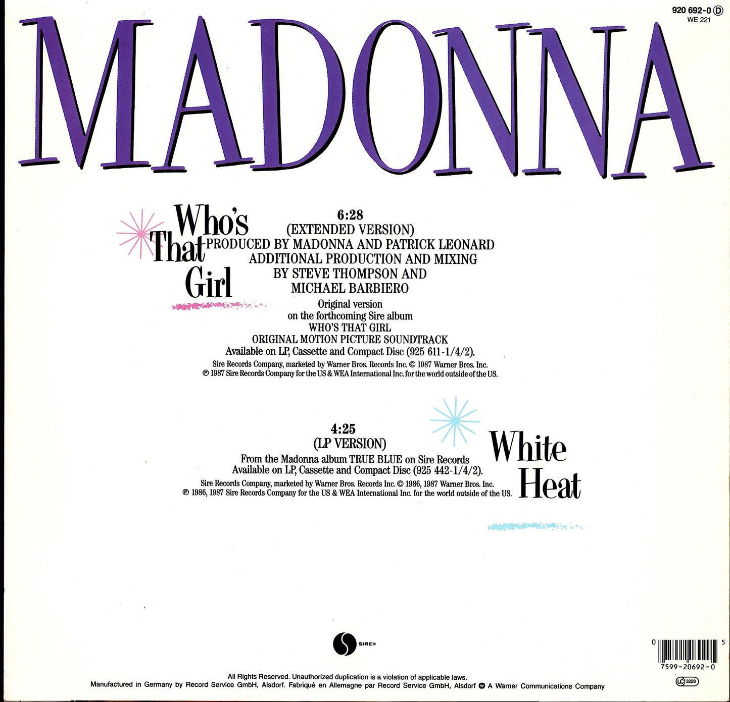 Madonna - Who's That Girl Extended Version Vinyl 12" Maxi-Single