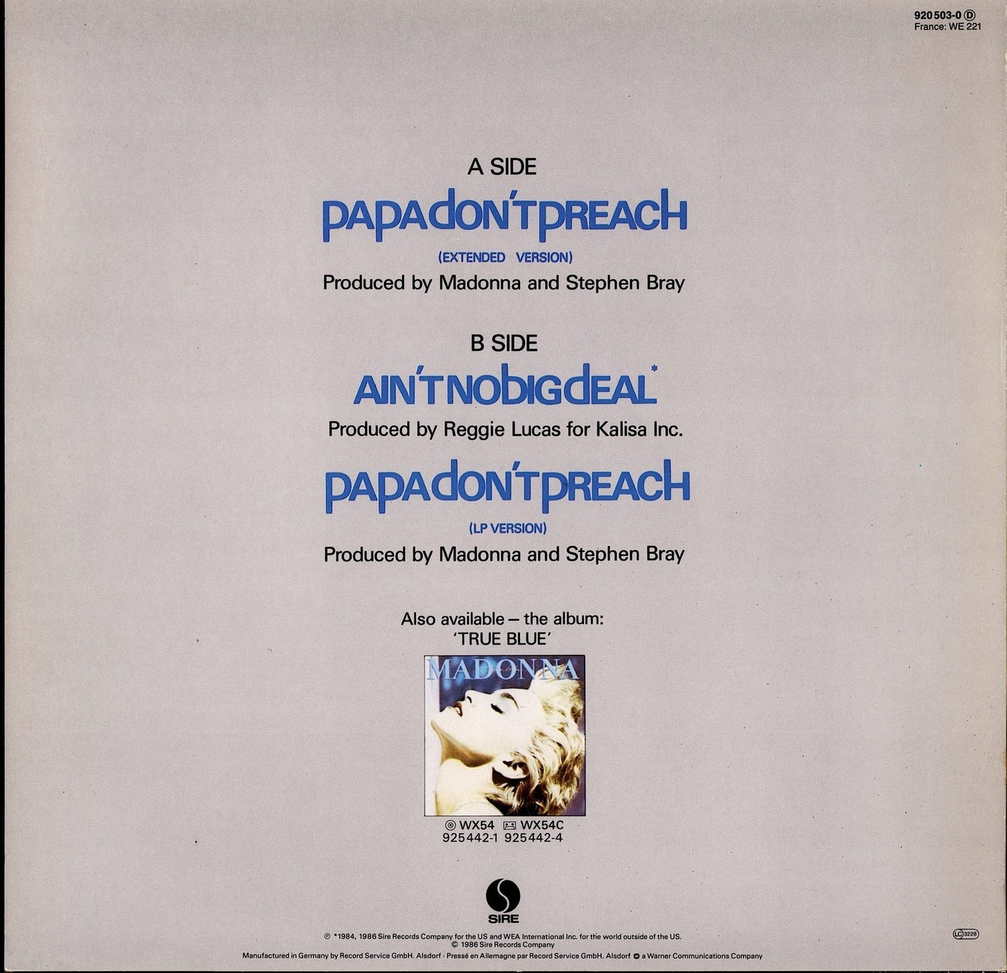 Madonna – Papa Don't Preach Extended Version Vinyl 12" Maxi-Single