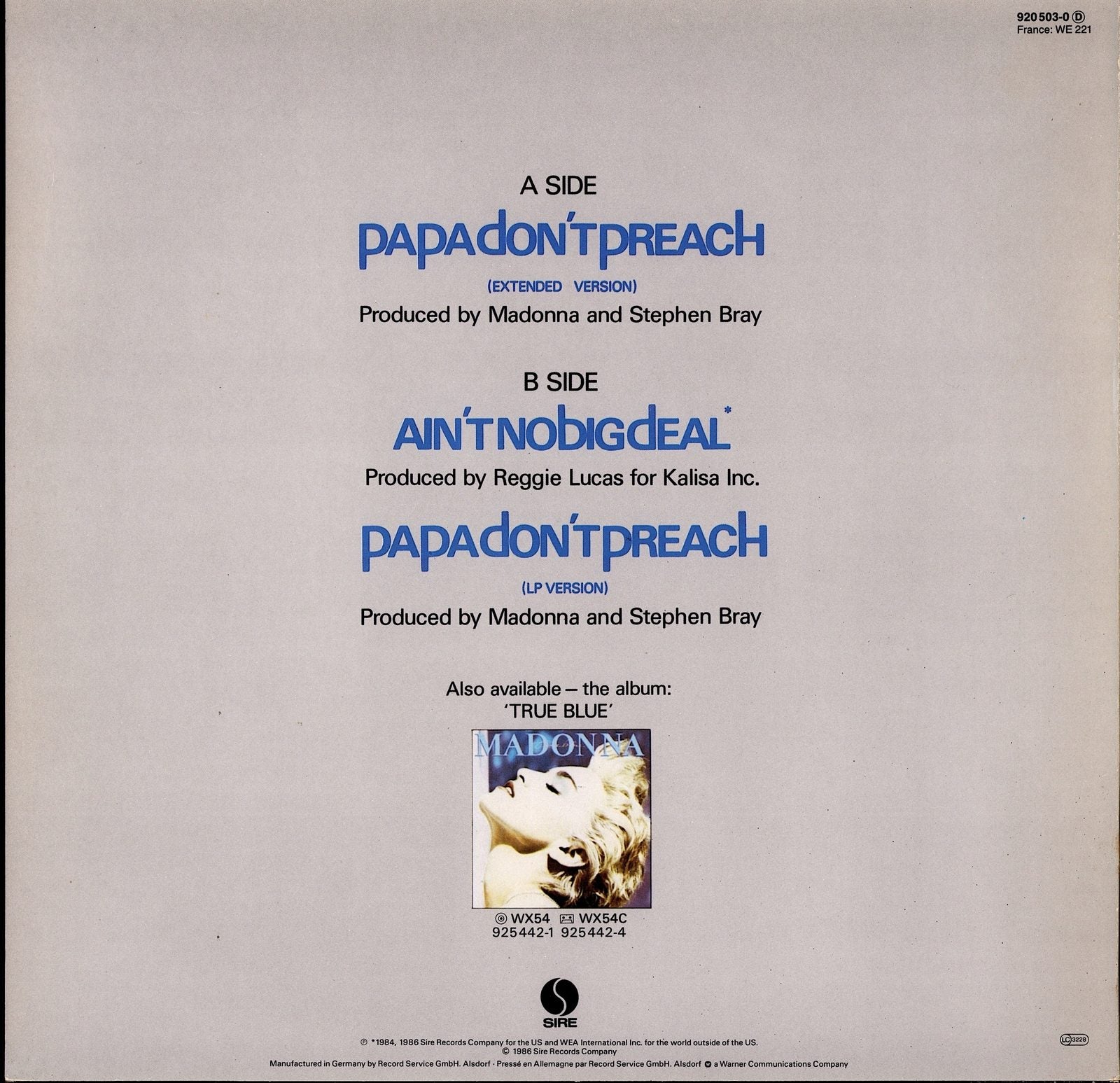 Madonna – Papa Don't Preach Extended Version Vinyl 12" Maxi-Single