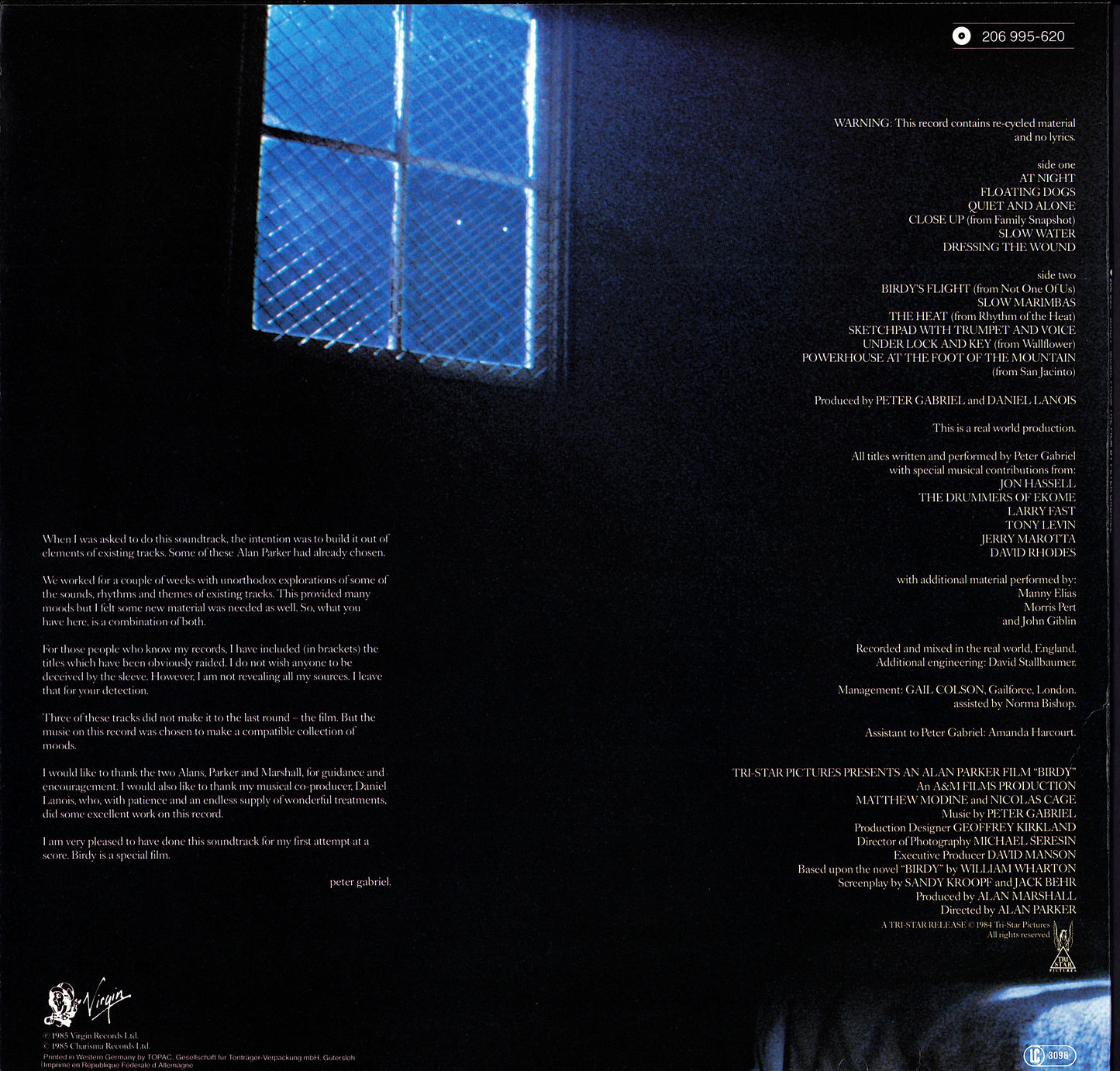 Peter Gabriel – Birdy Music From The Film By Peter Gabriel Vinyl LP