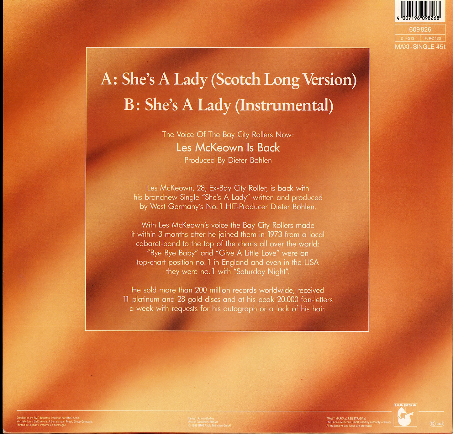 Les McKeown – She's A Lady Scotch Long Version Vinyl 12" Maxi-Single