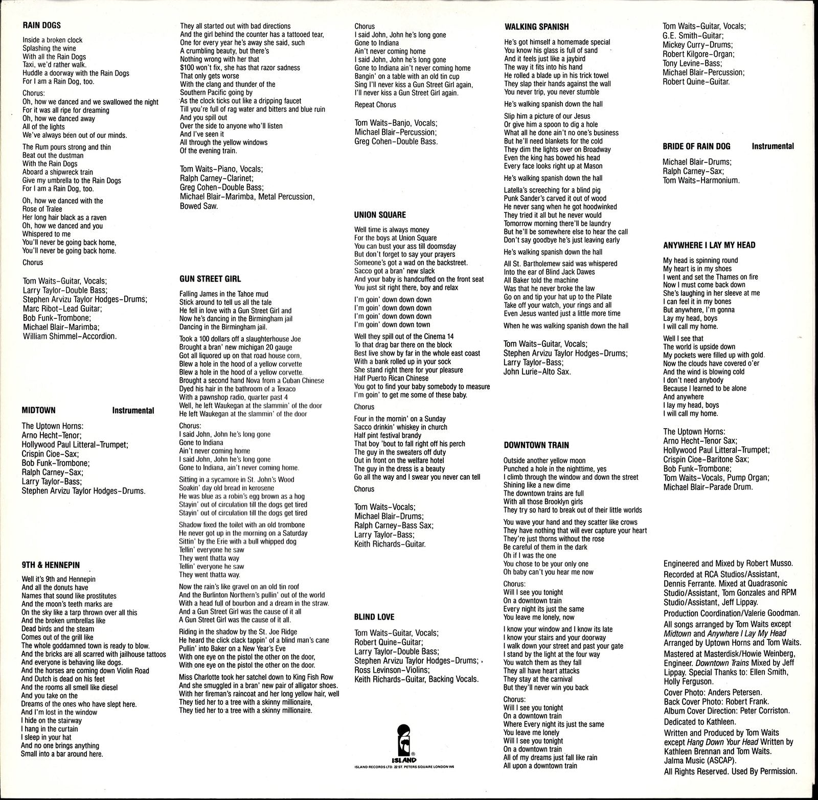 Tom Waits - Rain Dogs Vinyl LP