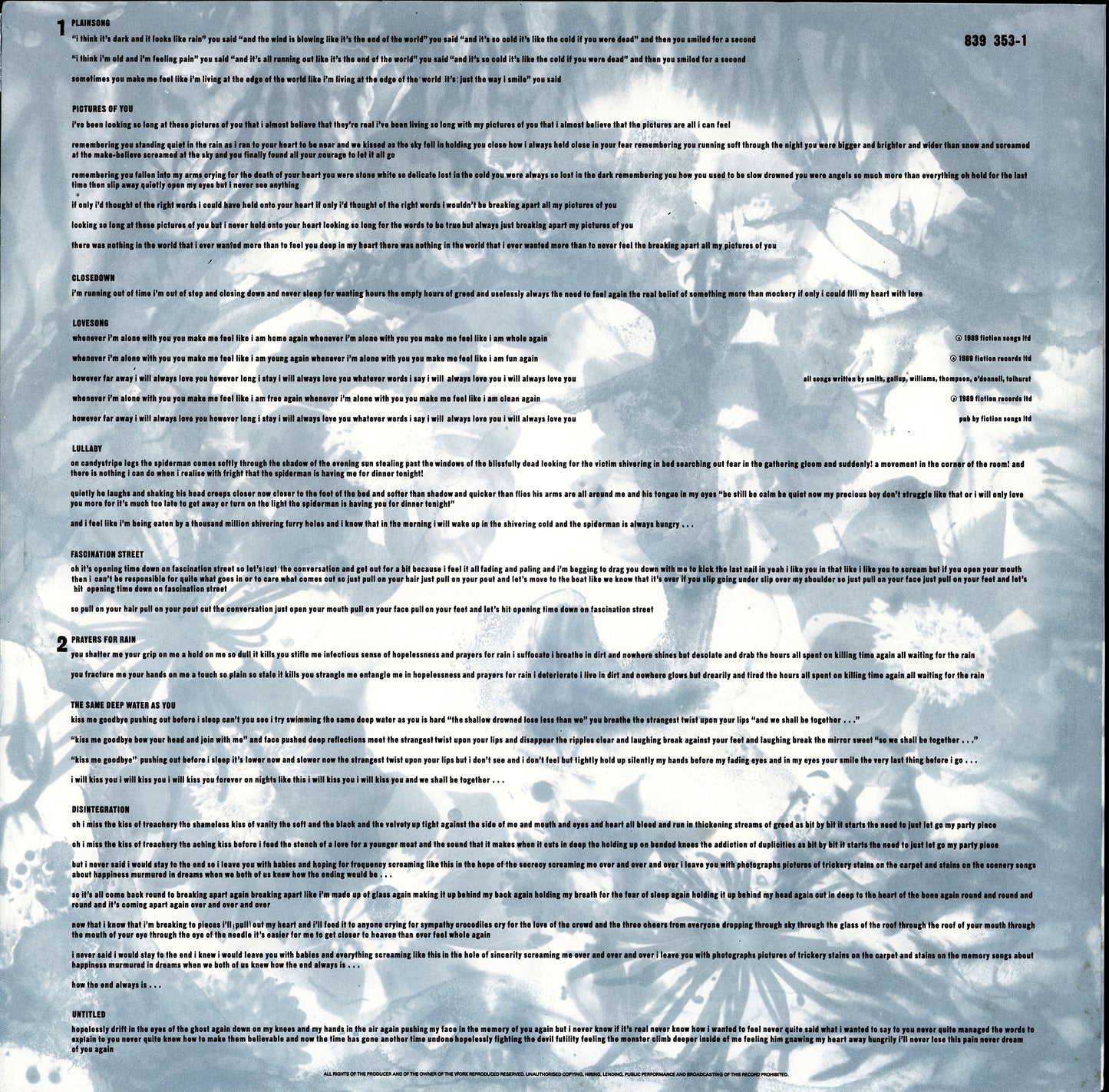 The Cure ‎- Disintegration Vinyl LP