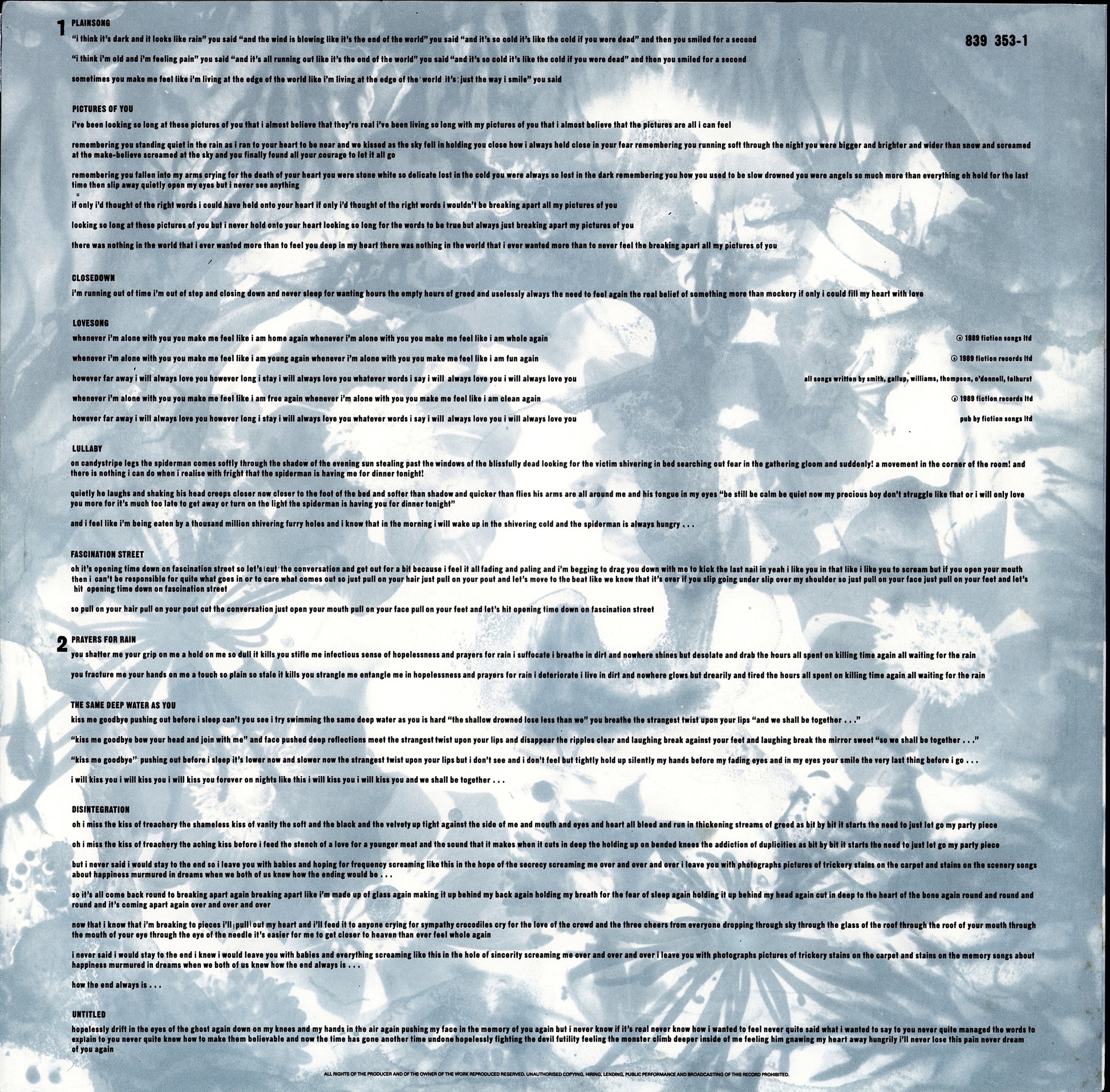 The Cure ‎- Disintegration Vinyl LP
