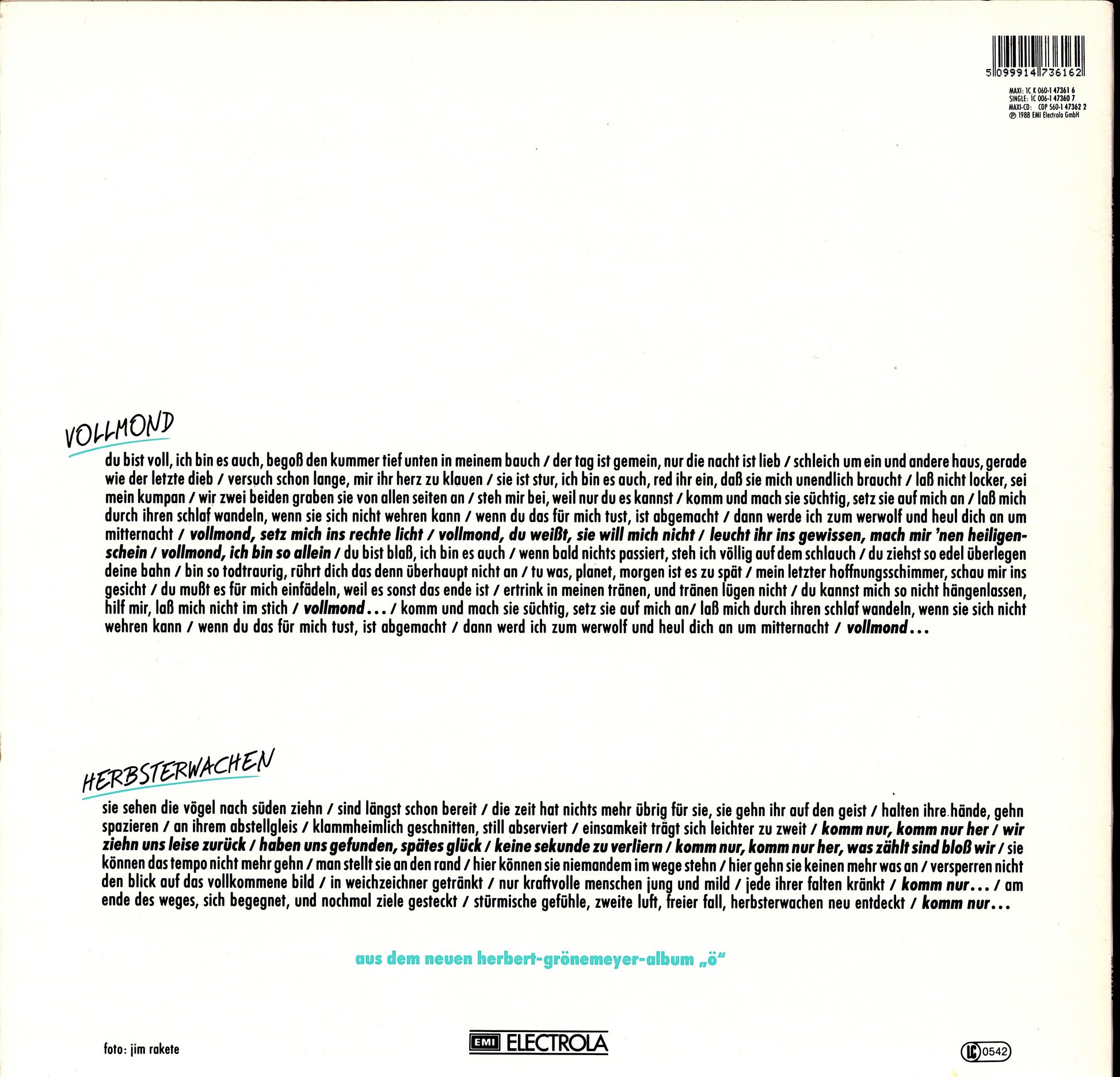 Herbert Grönemeyer – Vollmond Verlängerter Neumix Vinyl 12" Maxi-Single