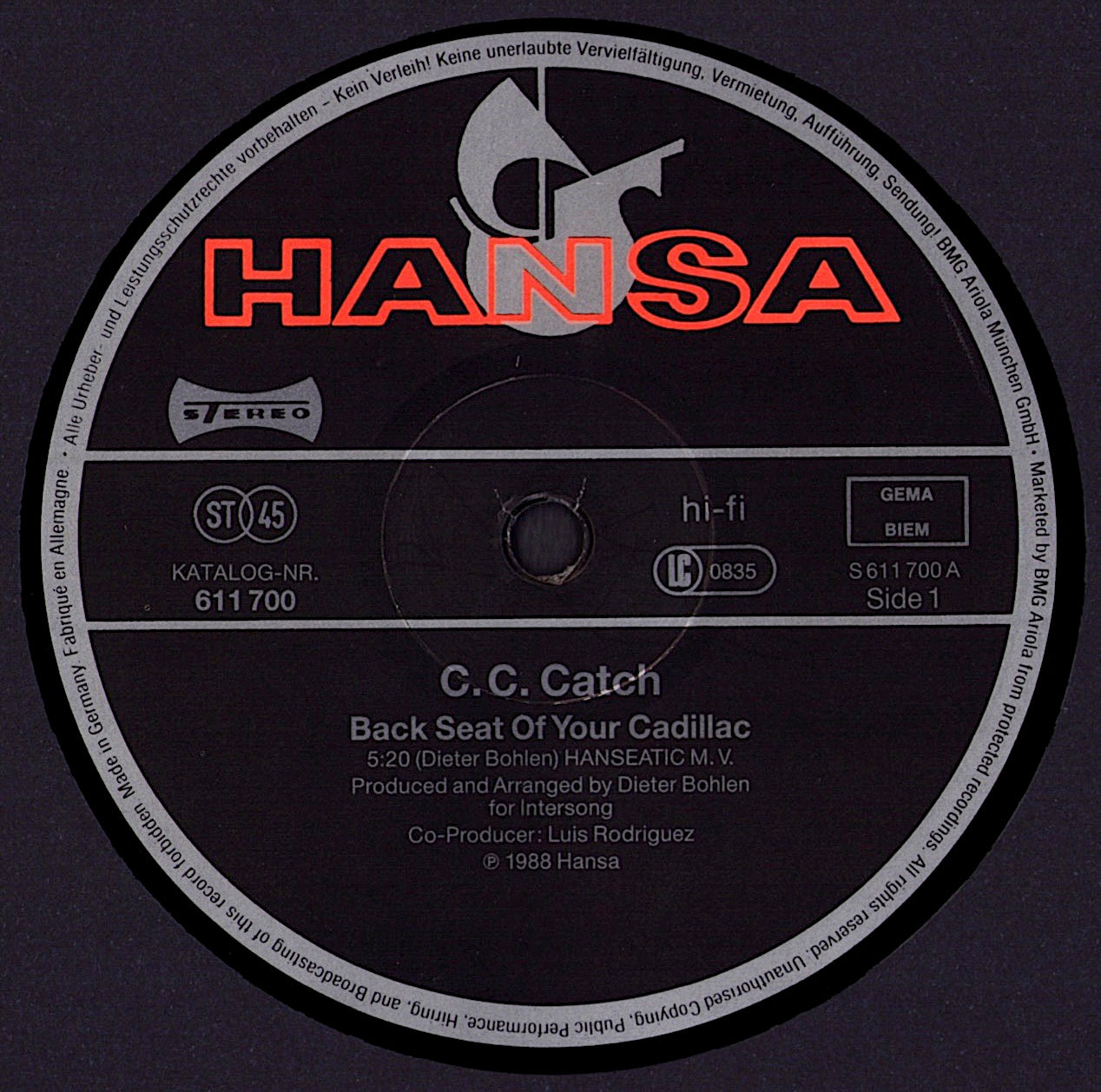 C.C. Catch ‎- Backseat Of Your Cadillac Vinyl 12" Maxi-Single