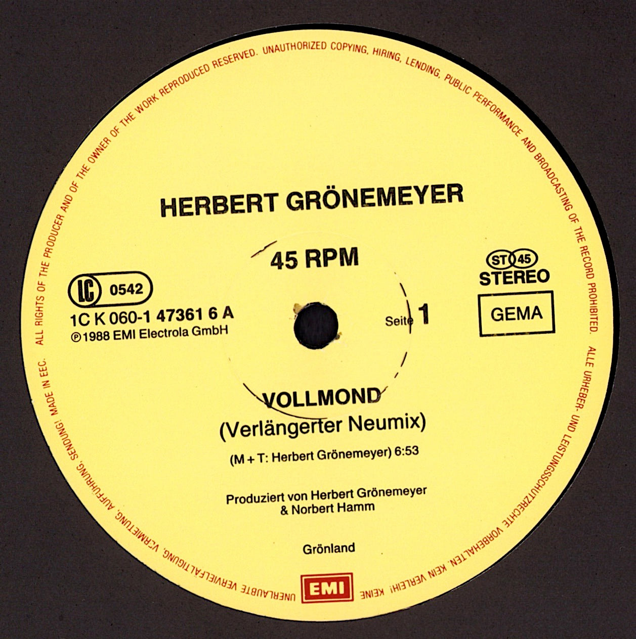 Herbert Grönemeyer – Vollmond Verlängerter Neumix Vinyl 12" Maxi-Single
