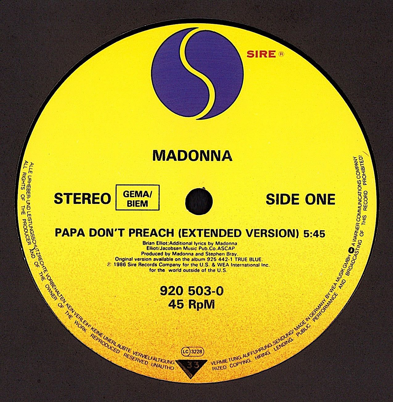 Madonna – Papa Don't Preach Extended Version Vinyl 12" Maxi-Single
