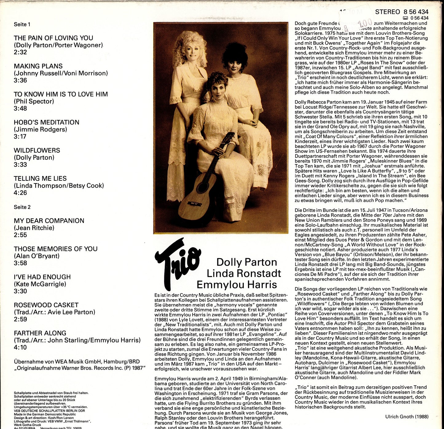 Dolly Parton · Linda Ronstadt · Emmylou Harris – Trio Vinyl LP Kopie