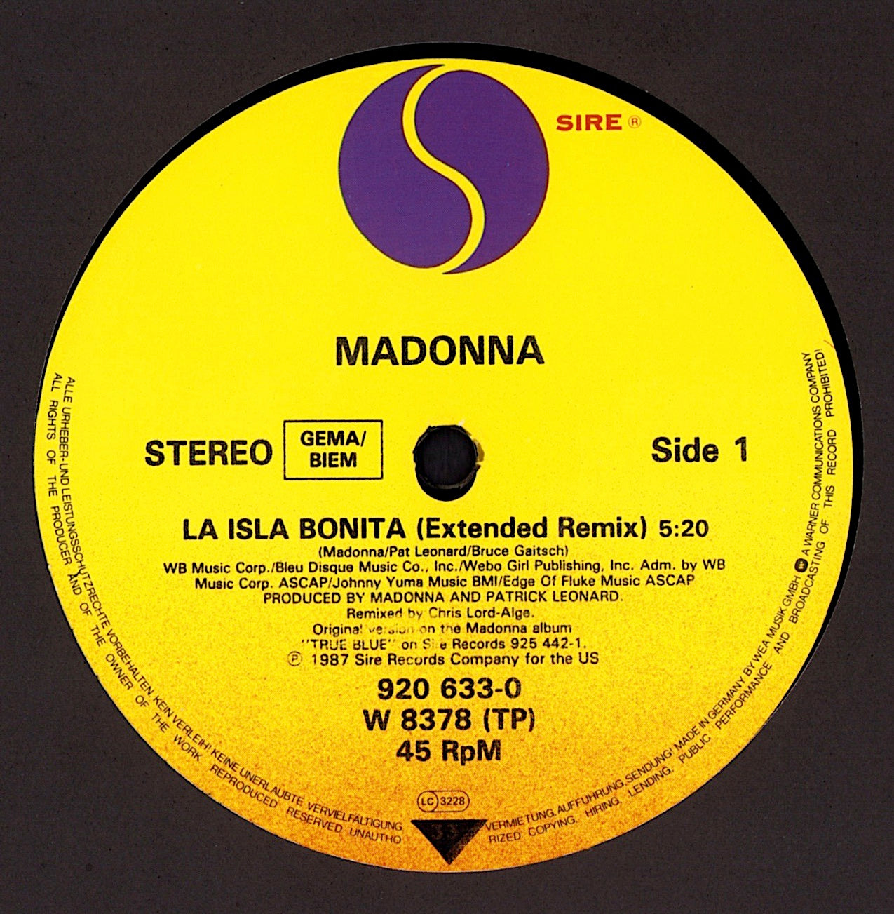 Madonna ‎- La Isla Bonita Extended Remix Vinyl 12" Maxi-Single