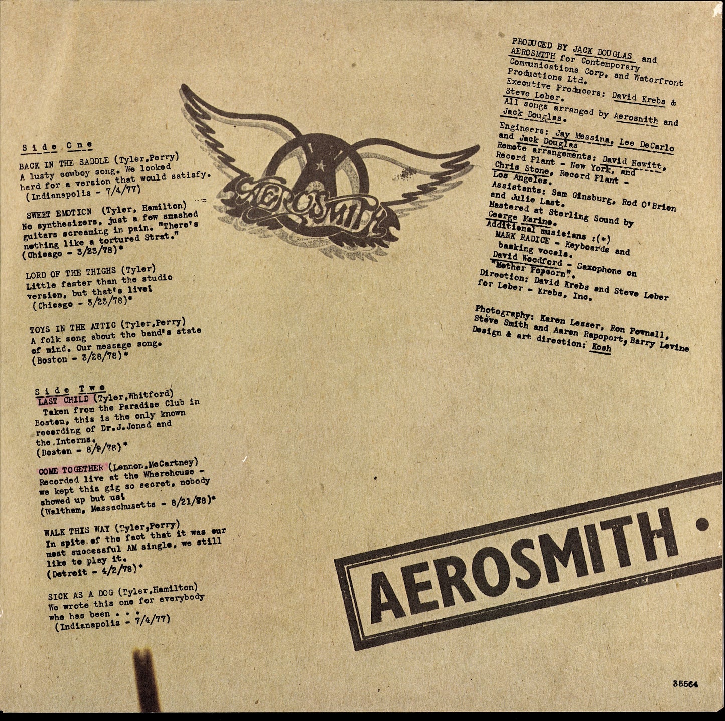 Aerosmith - Live! Bootleg Vinyl 2LP