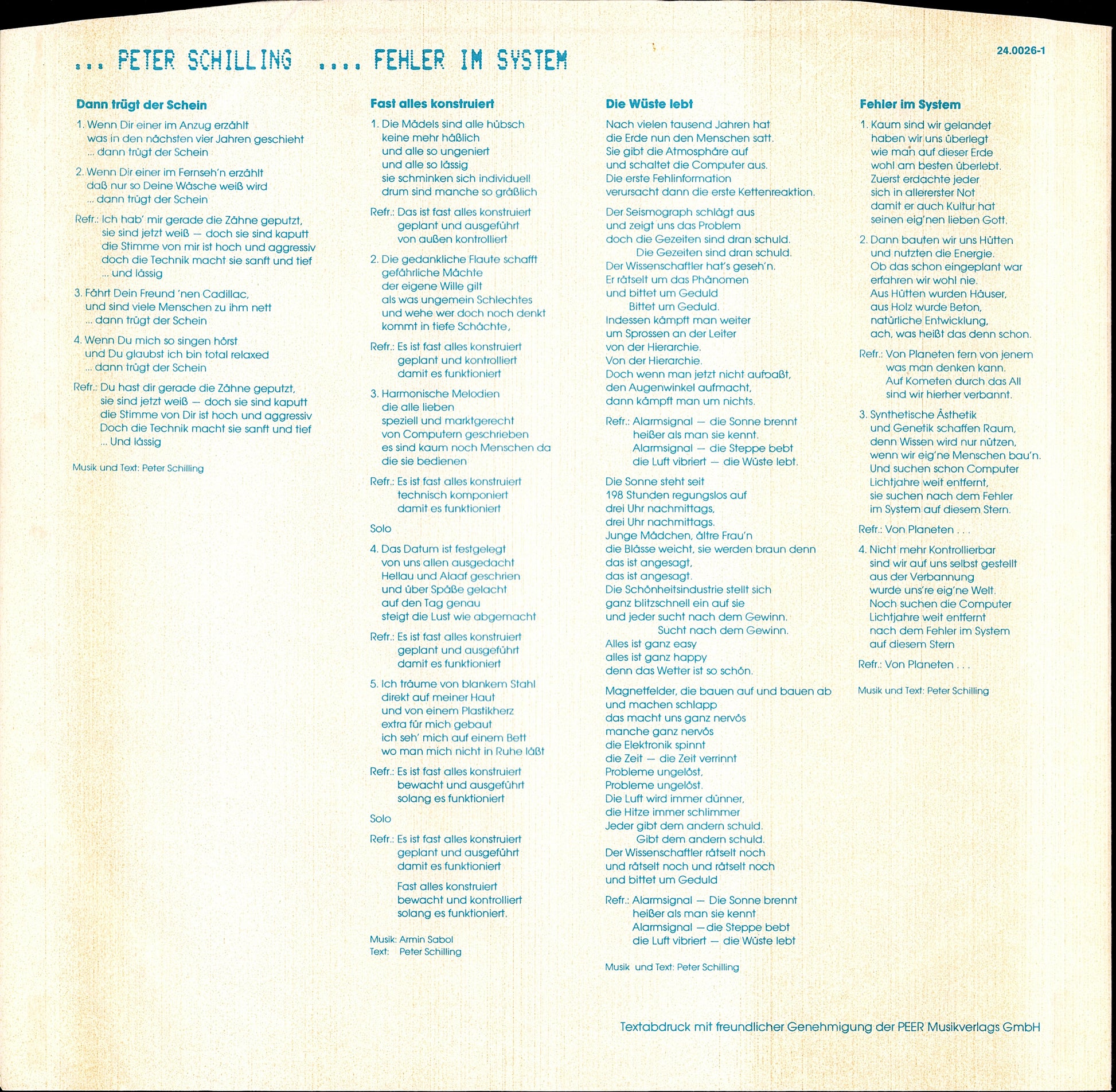 Peter Schilling – Fehler Im System Vinyl LP