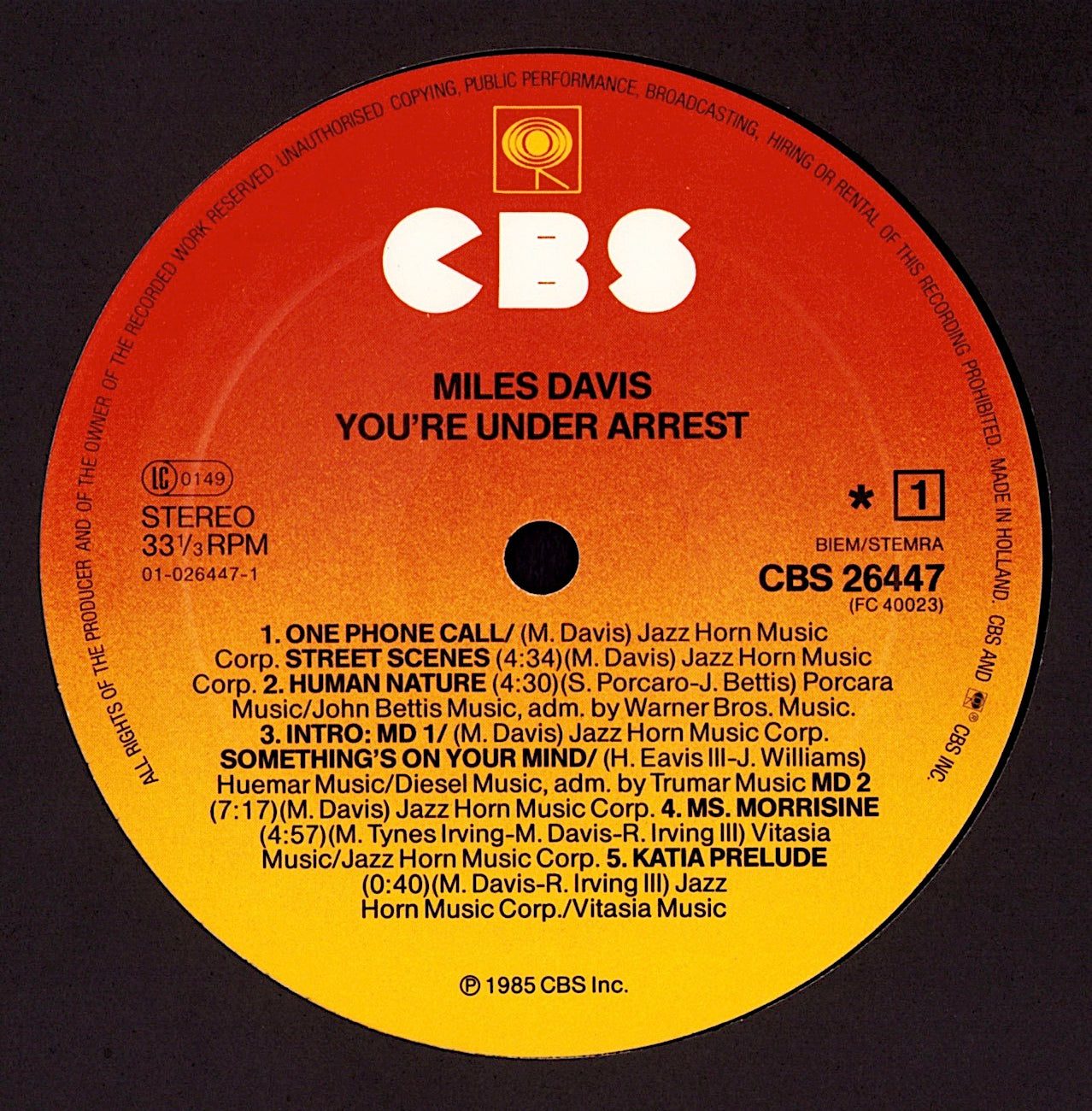 Miles Davis - You're Under Arrest Vinyl LP Kopie