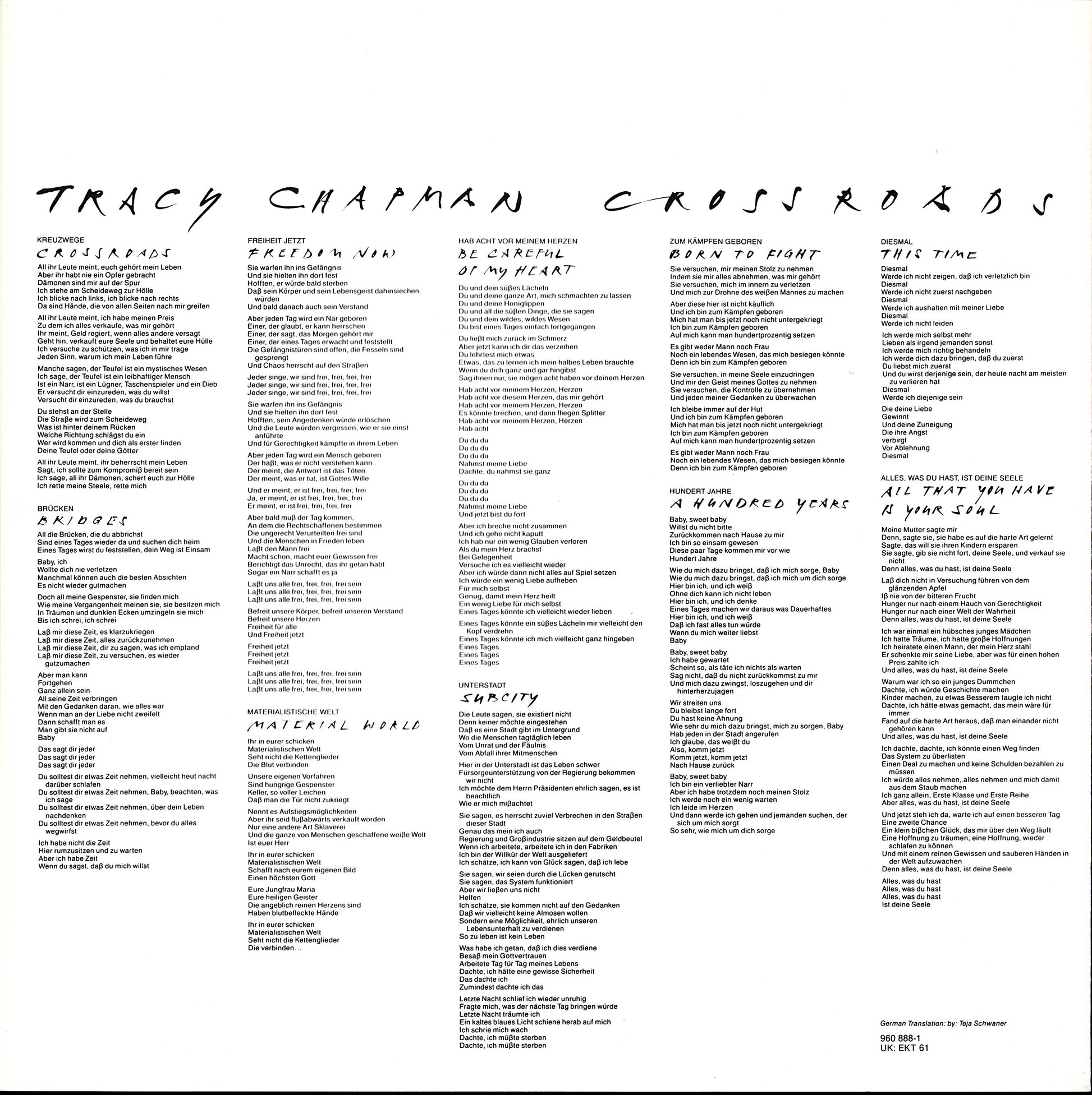 Tracy Chapman ‎- Crossroads Vinyl LP