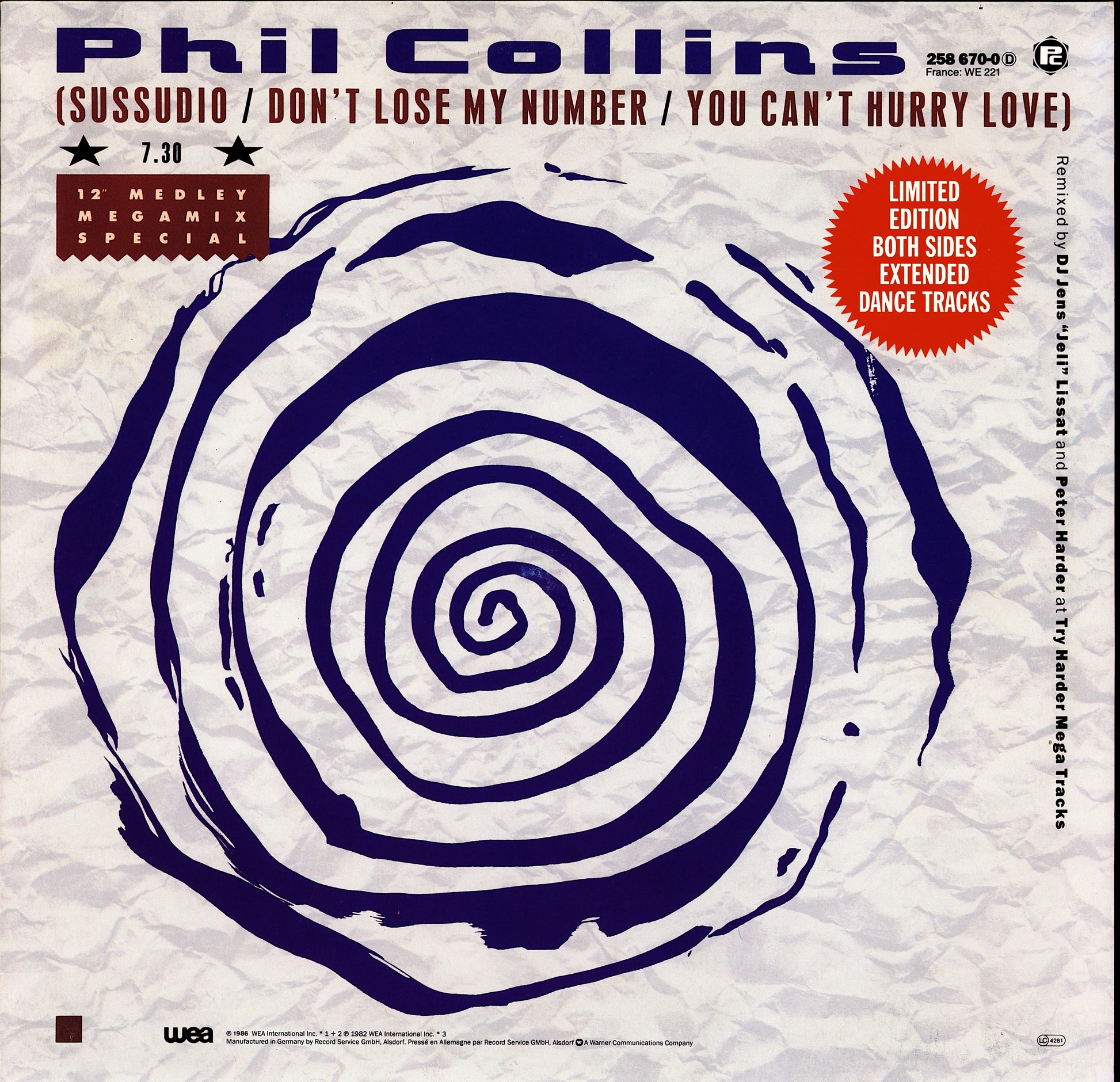 Phil Collins – Sussudio / Don't Lose My Number / You Can't Hurry Love / Take Me Home Extended Version Vinyl 12" Maxi-Single
