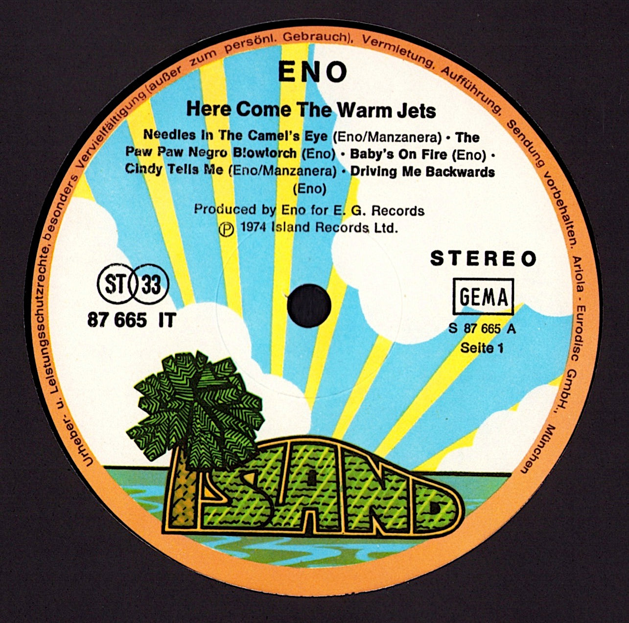 Brian Eno ‎- Here Come The Warm Jets Vinyl LP Kopie