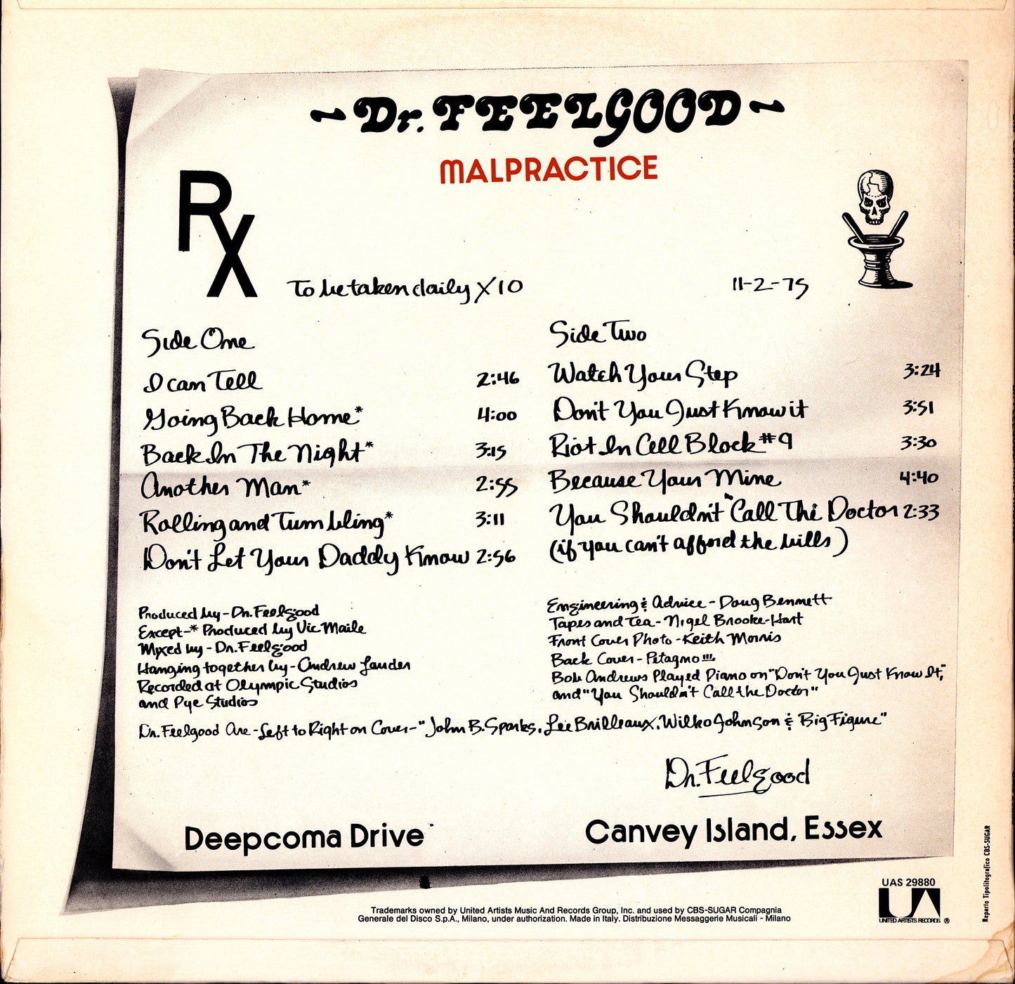 Dr. Feelgood ‎- Sneakin' Suspicion Vinyl LP Kopie