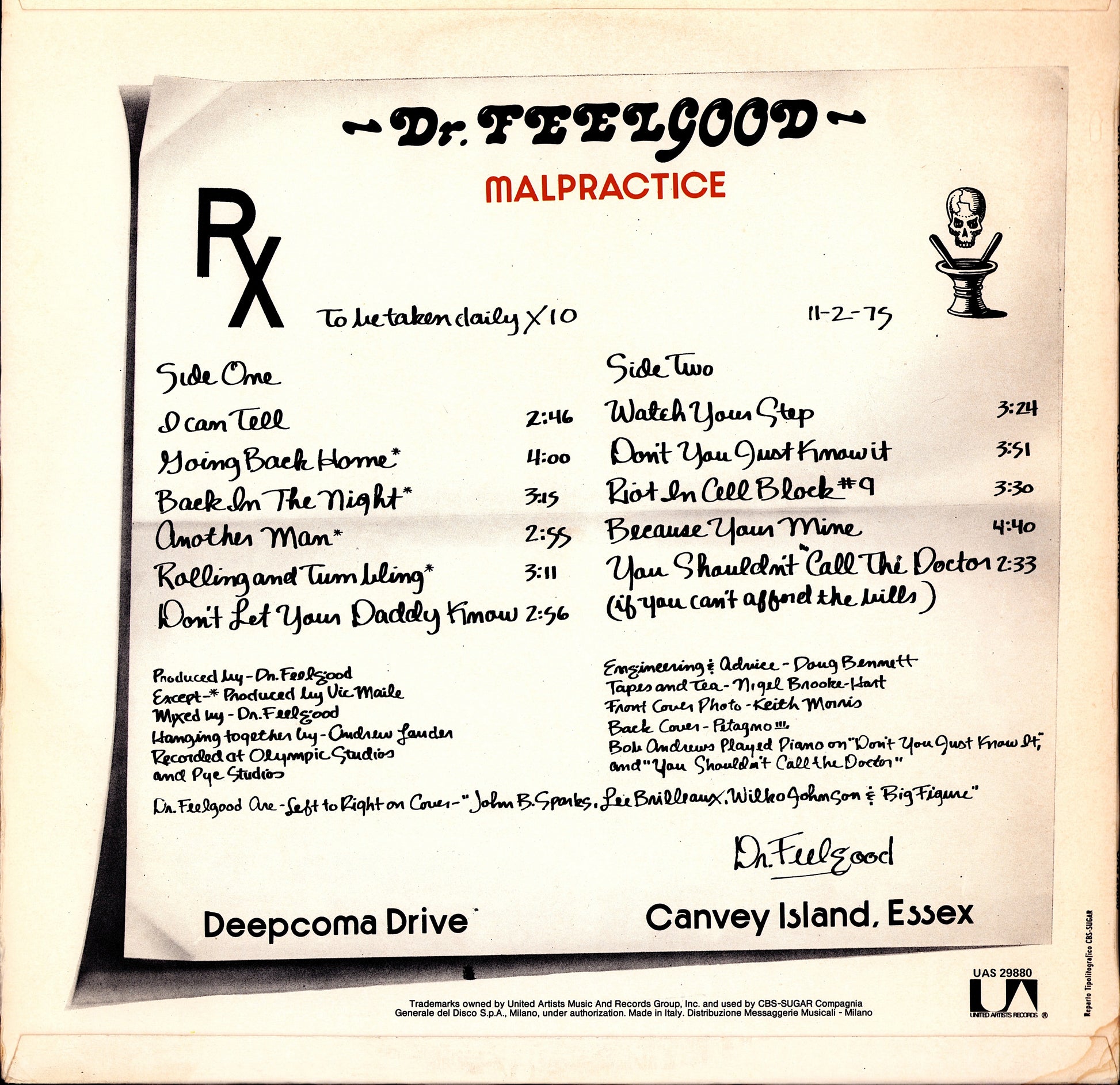 Dr. Feelgood ‎- Sneakin' Suspicion Vinyl LP Kopie