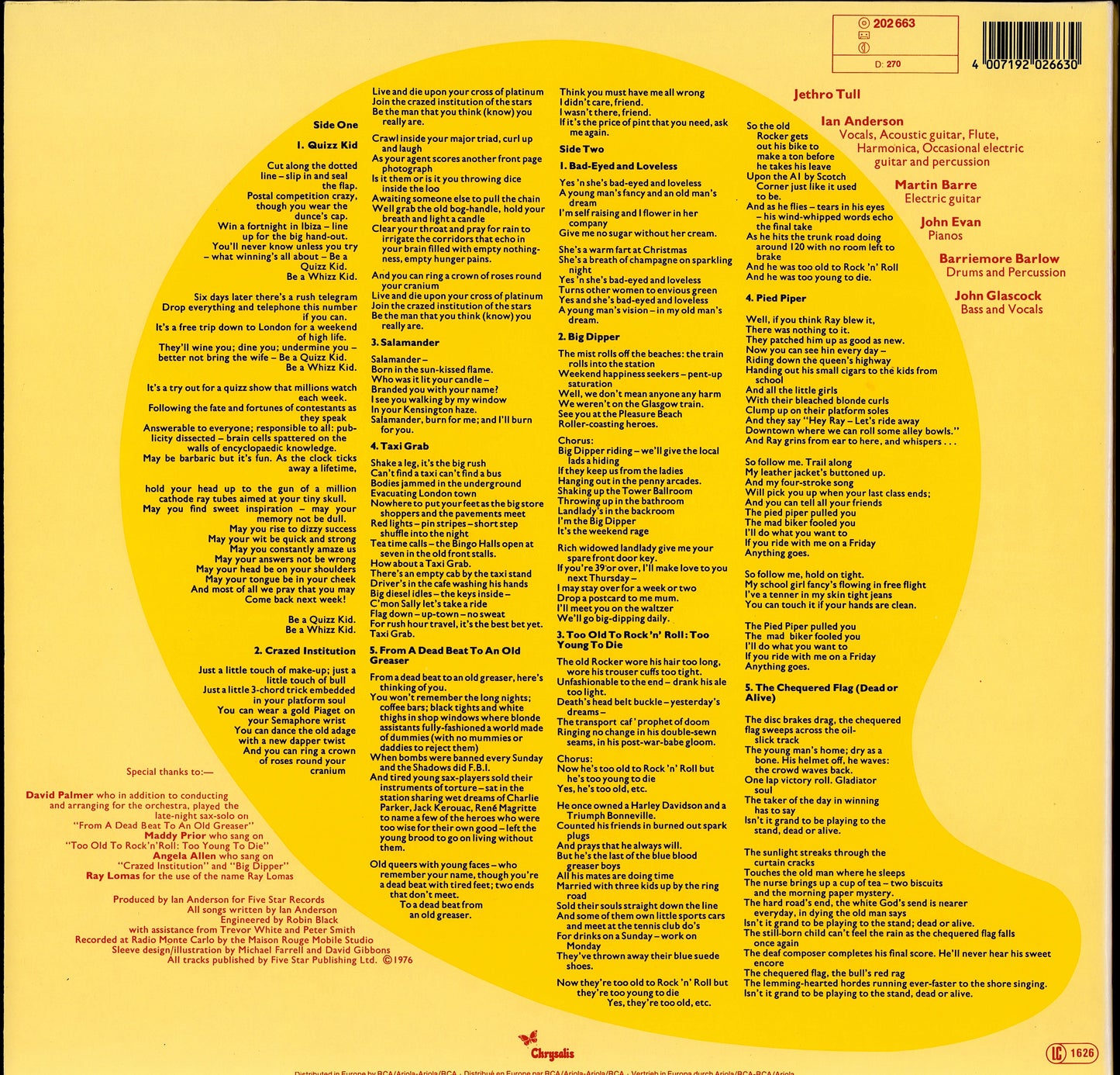 Jethro Tull ‎- Too Old To Rock 'N' Roll: Too Young To Die! Vinyl LP Kopie